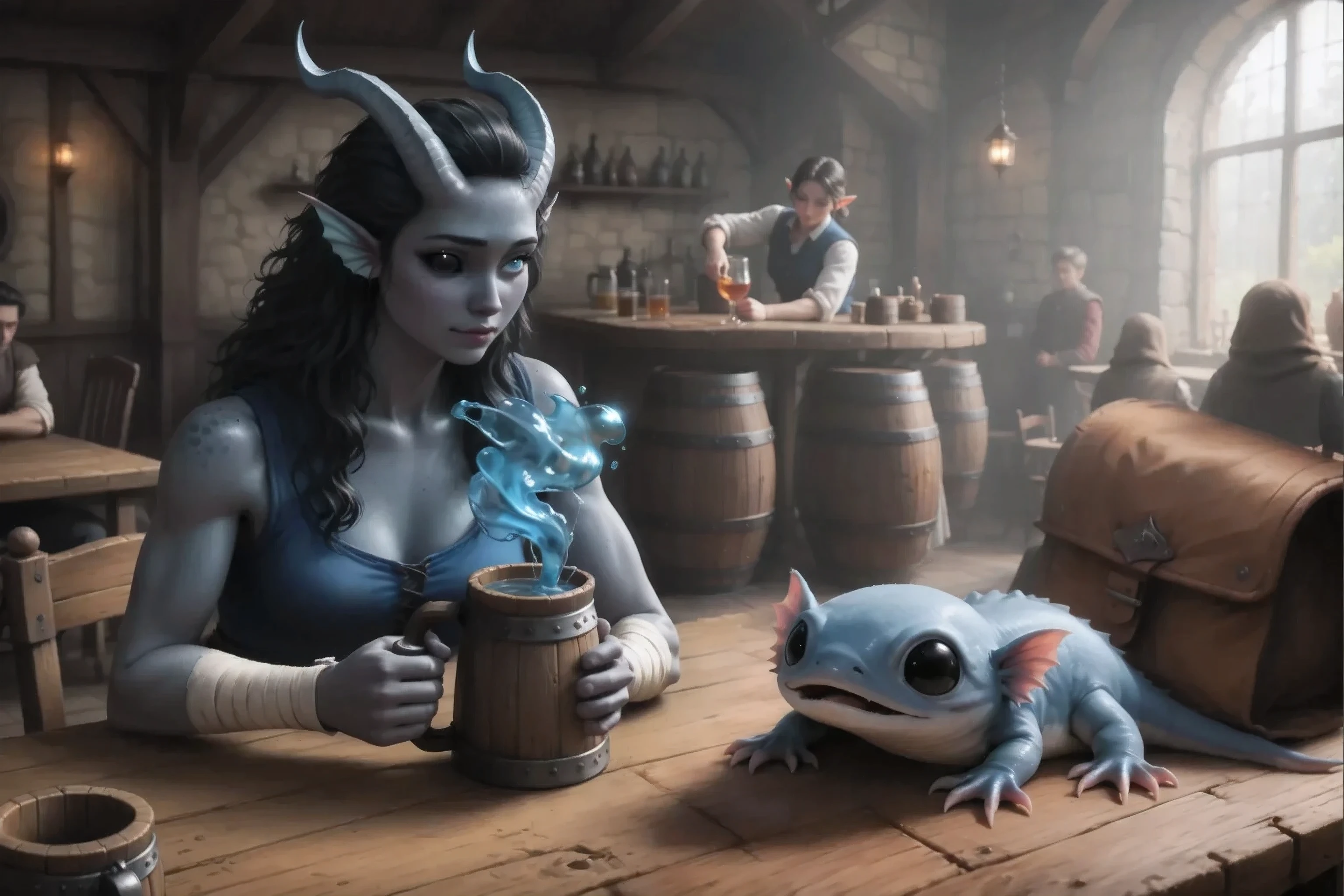in the background, the best quality, Ultra-detailed, Highest resolution 8K, Cinematic emotional static frame, 8K UHD, with her fingers {x} extremely detailed, physical visualization, masterpiece, HDR, (sfw:1.4),
In the foreground, on the left, at the wooden table, sits a young woman Kedra (with dark blue-gray skin:1.3), ADULT WOMAN, 35 years old, fins on the head, horns and loose black hair, hand bandages, ( Best hands ). ( 5 fingers), , showing her back and a long, thick dragon tail creeping across the floor. He looks curiously into an old wooden mug in his hand with a clear bluish liquid, from which a magical blue smoke comes from and a magical blue water tornado is spinning inside the mug.
Character_Fuli, of a sweet blue creature with big black eyes, looking intently with interest and a little happily half-open mouth at the mug in the hands of a young woman.
Against the background of other visitors at fantasy tavern tables. In the distance, in the background, behind the tavern counter, you can see an elf bartender pouring a drink into a glass, behind him there are large wooden barrels along the wall.
medieval tavern atmosphere.
Next to him on a wooden table in the morning sun. And next to the table is a medieval leather bag.
sits on the table. The warm dawn light illuminates the medieval fantasy tavern and gives long soft shadows. Dark frame.