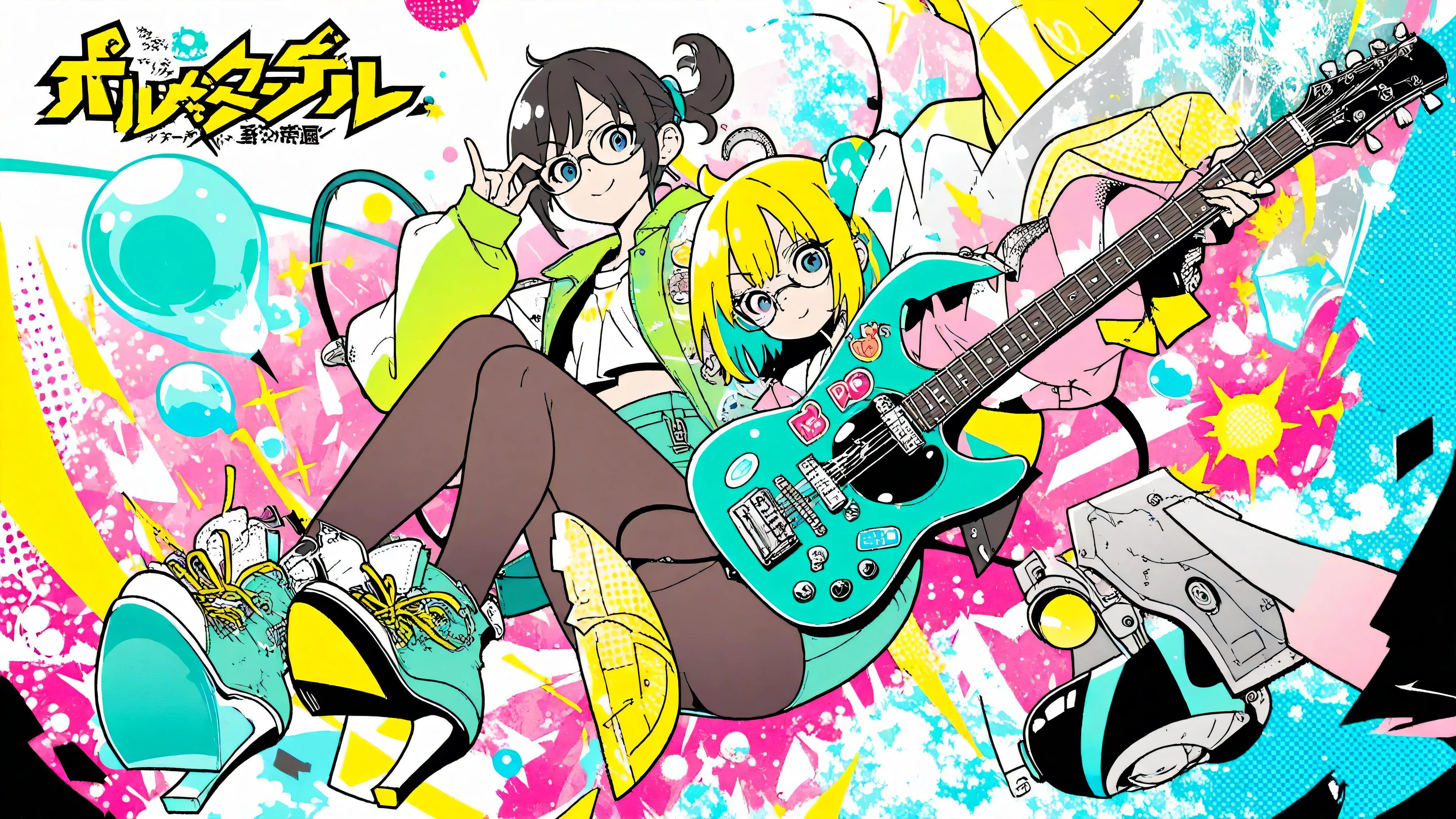 A woman playing the guitar(masterpiece, Highest Quality, Pop anime style with a clean cell, Bold, Clear Line Art, high saturation, Graphic Poster-like Image, Flat shape , halftone dots, Cutout Edge Like a Sticker, Minimal soft shading)
Confident 3 with a smart ponytail and sharp glasses/Confident in Her 4 Posture々Secretary Girl; expression: Slightly Confident々A smile, Raise One Eyebrow Slightly, Adjust Glasses with Your Fingertips; Costume: Wear a cropped blouse over a jacket, High Waist Pencil Skirt Has a Slit, Sheer tights,  pointed heels ; Props: Lightly Carrying a Slim Tablet and Stylus (No legible text); composition: full body, Center Framing, Vertical Layout Awareness,  clear foreground /Background separation; Background: flat mint-to-cyan gradient with Halftone Burst and simple geometric office accents; palette: black, white, Mint Cyan with a Little Lemon Yellow Highlights; effect: Glow specs, Subtle Splashes of Ink, Halftone Burst; lighting: glossy highlights, hard rim light, Pale flowers; angle: Three Quarter View