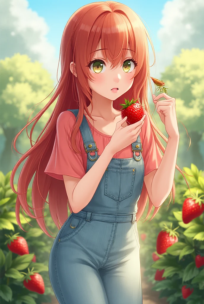 Light-skinned girl with long brown hair, fringe and a red bow on the back of her head, wearing blue dungarees with a white short-sleeved T-shirt with blue shorts and knee-high socks, eyes closed, red shoes in the background on a strawberry field with red cheeks eating a strawberry with a picnic blanket with eyes closed with a frog next to it 