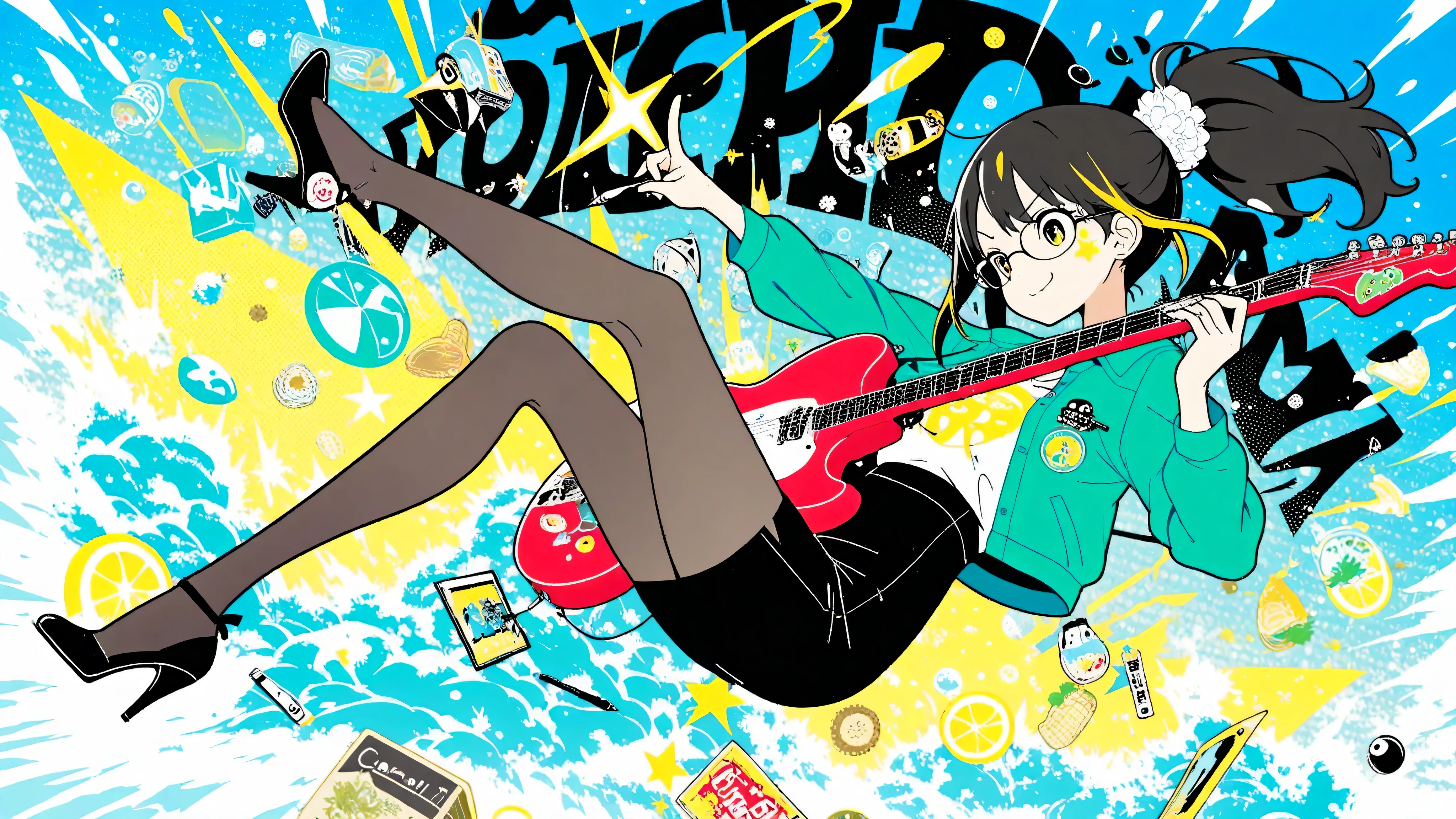 A woman playing the guitar(masterpiece, Highest Quality, Pop anime style with a clean cell, Bold, Clear Line Art, high saturation, Graphic Poster-like Image, Flat shape , halftone dots, Cutout Edge Like a Sticker, Minimal soft shading)
Confident 3 with a smart ponytail and sharp glasses/Confident in Her 4 Posture々Secretary Girl; expression: Slightly Confident々A smile, Raise One Eyebrow Slightly, Adjust Glasses with Your Fingertips; Costume: Wear a cropped blouse over a jacket, High Waist Pencil Skirt Has a Slit, Sheer tights,  pointed heels ; Props: Lightly Carrying a Slim Tablet and Stylus (No legible text); composition: full body, Center Framing, Vertical Layout Awareness,  clear foreground /Background separation; Background: flat mint-to-cyan gradient with Halftone Burst and simple geometric office accents; palette: black, white, Mint Cyan with a Little Lemon Yellow Highlights; effect: Glow specs, Subtle Splashes of Ink, Halftone Burst; lighting: glossy highlights, hard rim light, Pale flowers; angle: Three Quarter View
