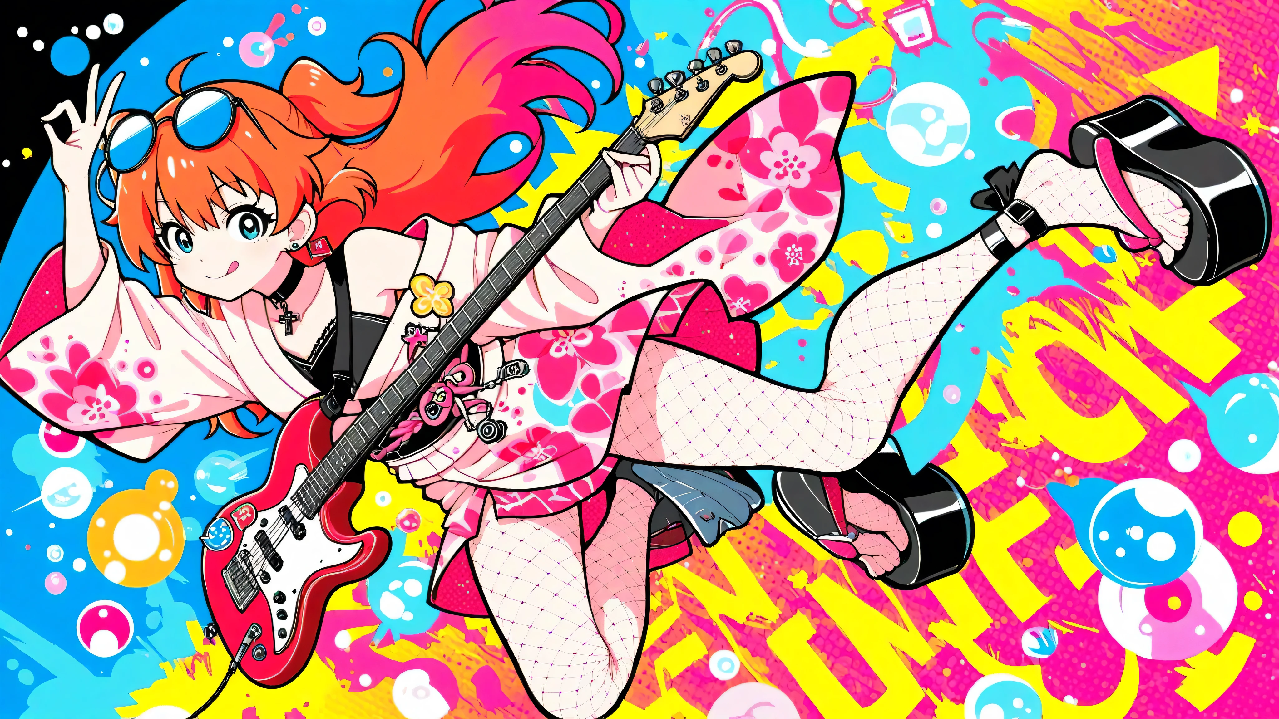 A woman playing the guitar(masterpiece, Highest Quality, Pop anime style with a clean cell, Bold, Clear Line Art, high saturation, Graphic Poster-like Image, Flat shape , halftone dots, Cutout Edge Like a Sticker, Minimal soft shading)
Full Body Photo of a  Cyber Girl, shows a mischievous smile sticking out her tongue and showing off her metal earrings; Peace sign gesture with raised hands; oversized round sunglasses shining with neon graffiti reflections, Unreadable Abstract Strokes; Long Hair with Faint Stripes; Fancy Patterned Yukata with Neon Floral Print, Loosely Tied Belt, One Shoulder Seems to Fall Off; Fishnet Tights Seen Under the Hem, Thick Bottom Platform Sandals; metallic cross pendant on a heavy choker; Background: flat neon red-orange gradient with cyan glow accents and Halftone Burst specks; palette: black, Neon Red, Cyan highlights with pastel accents; effect: Glow specs, Subtle Splashes of Ink, Halftone Burst; lighting: glossy highlights, hard rim light, Pale flowers; no text, without characters