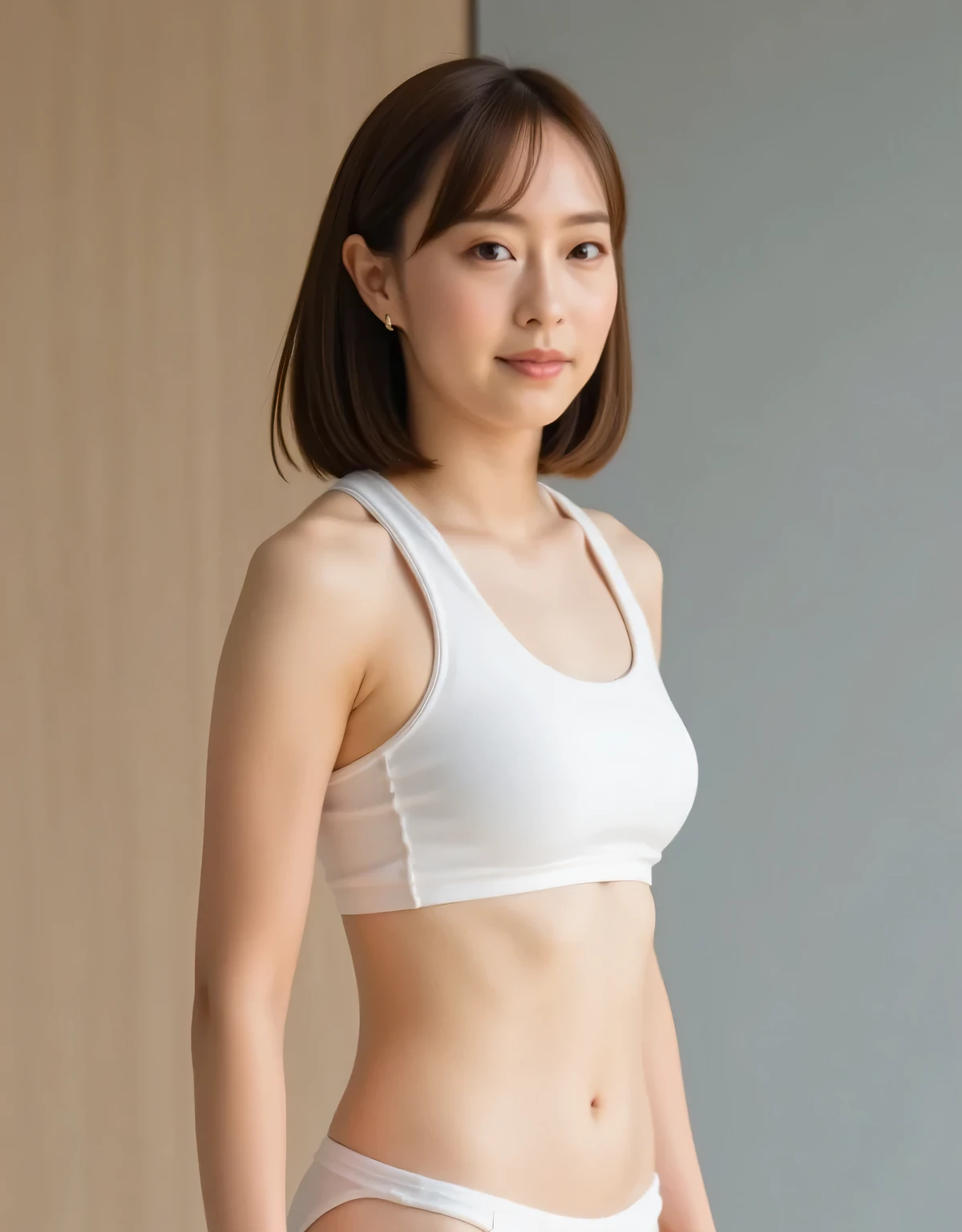 Kasumi Ishikawa,(Raw  Picture  real:1.6) live-action,  Picture , Highest Quality,( Cute girl 18 years old ), Serious Face,  slender figure, ((( slender body))), (((Thin Waist))),(small breasts), focuses on women,, against a man, ((後ろ姿の全身Picture)), (((I'm wearing a pure white tight bra and see-through panties)))