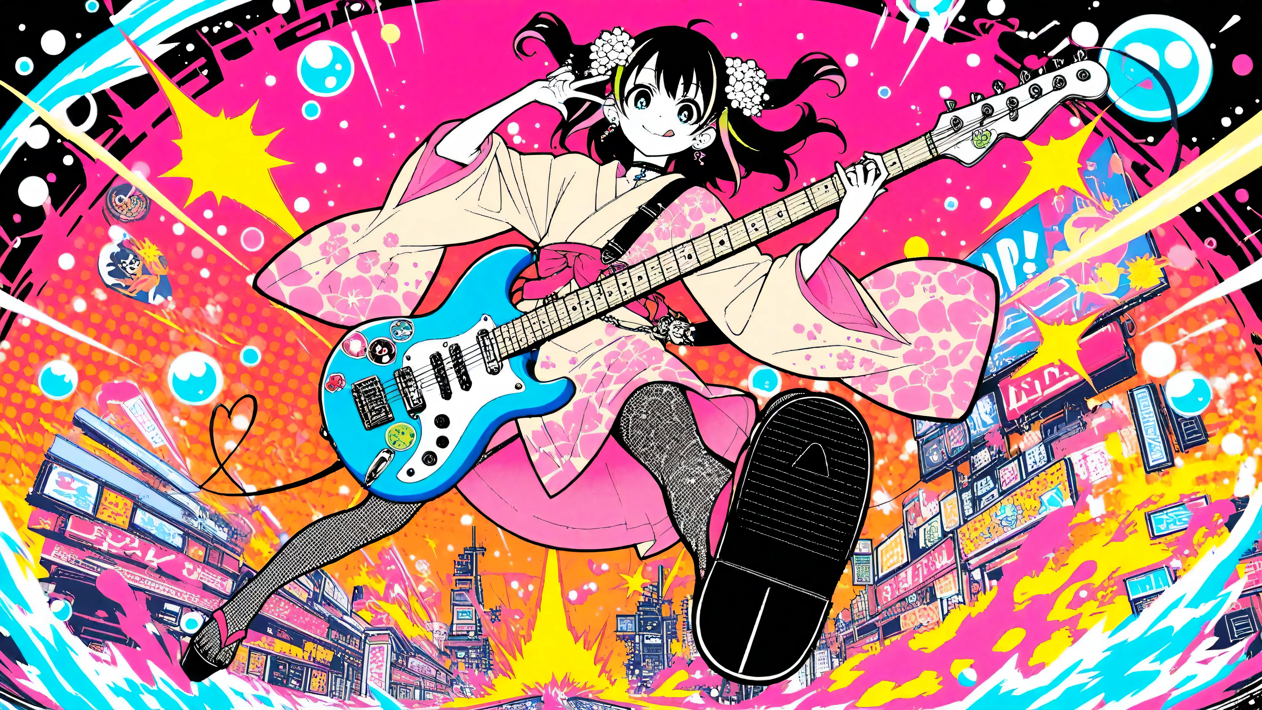 A woman playing the guitar(masterpiece, Highest Quality, Pop anime style with a clean cell, Bold, Clear Line Art, high saturation, Graphic Poster-like Image, Flat shape , halftone dots, Cutout Edge Like a Sticker, Minimal soft shading)
Full Body Photo of a Cyber Girl, shows a mischievous smile sticking out her tongue and showing off her metal earrings; Peace sign gesture with raised hands; oversized round sunglasses shining with neon graffiti reflections, Unreadable Abstract Strokes; Long Hair with Faint Stripes; Fancy Patterned Yukata with Neon Floral Print, Loosely Tied Belt, One Shoulder Seems to Fall Off; Fishnet Tights Seen Under the Hem, Thick Bottom Platform Sandals; metallic cross pendant on a heavy choker; Background: flat neon red-orange gradient with cyan glow accents and Halftone Burst specks; palette: black, Neon Red, Cyan highlights with pastel accents; effect: Glow specs, Subtle Splashes of Ink, Halftone Burst; lighting: glossy highlights, hard rim light, Pale flowers; no text, without characters