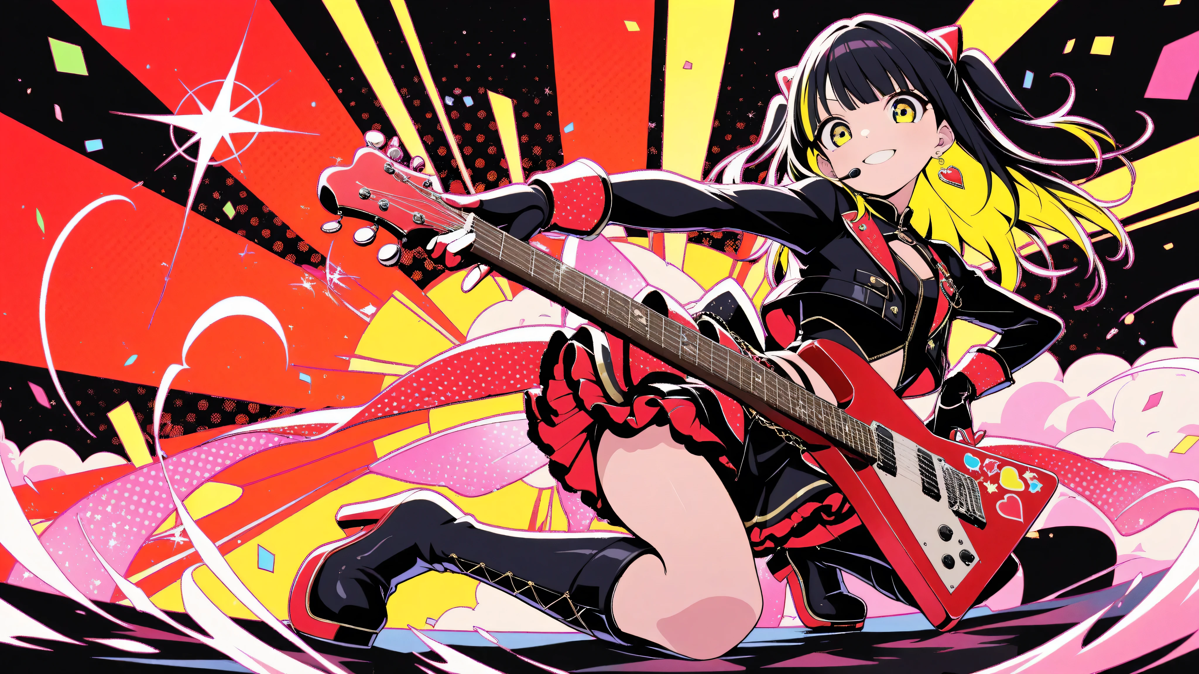 (masterpiece, best quality, clean cel-shaded pop-anime style, bold crisp linework, high saturation, graphic poster vibe, flat shapes, simplified geometry, clear silhouette, halftone dots, sticker-like cutout edges, minimal soft shading)
a glamorous idol girl with long black hair styled in soft waves, posing confidently while kneeling on a glossy red electric guitar; expression: bright stage smile with playful charm; outfit: vivid red idol costume with frilled short skirt, cropped jacket, and gold-trimmed accessories, thigh-high boots with glossy highlights; accessories: heart-shaped earrings, glittery wristbands, mic headset; background: flat red-to-yellow gradient with halftone starburst and faint confetti sparkles; palette: red, black, gold, yellow highlights; effects: glow specks, halftone burst, light glitter dust; lighting: glossy highlights, hard rim light, subtle bloom; angle: frontal three-quarter view, energetic pop-stage vibe