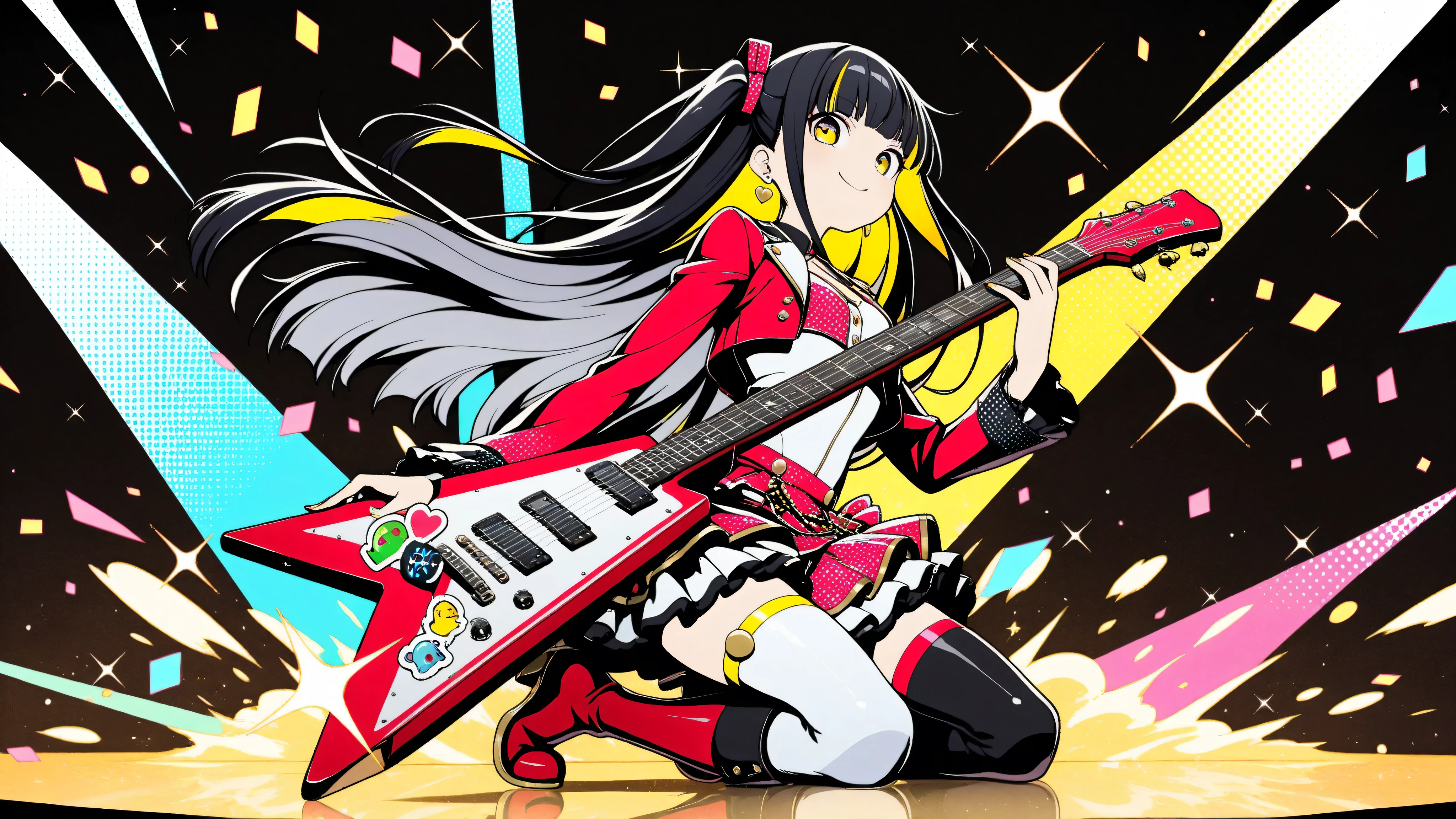 (masterpiece, best quality, clean cel-shaded pop-anime style, bold crisp linework, high saturation, graphic poster vibe, flat shapes, simplified geometry, clear silhouette, halftone dots, sticker-like cutout edges, minimal soft shading)
a glamorous idol girl with long black hair styled in soft waves, posing confidently while kneeling on a glossy red electric guitar; expression: bright stage smile with playful charm; outfit: vivid red idol costume with frilled short skirt, cropped jacket, and gold-trimmed accessories, thigh-high boots with glossy highlights; accessories: heart-shaped earrings, glittery wristbands, mic headset; background: flat red-to-yellow gradient with halftone starburst and faint confetti sparkles; palette: red, black, gold, yellow highlights; effects: glow specks, halftone burst, light glitter dust; lighting: glossy highlights, hard rim light, subtle bloom; angle: frontal three-quarter view, energetic pop-stage vibe
