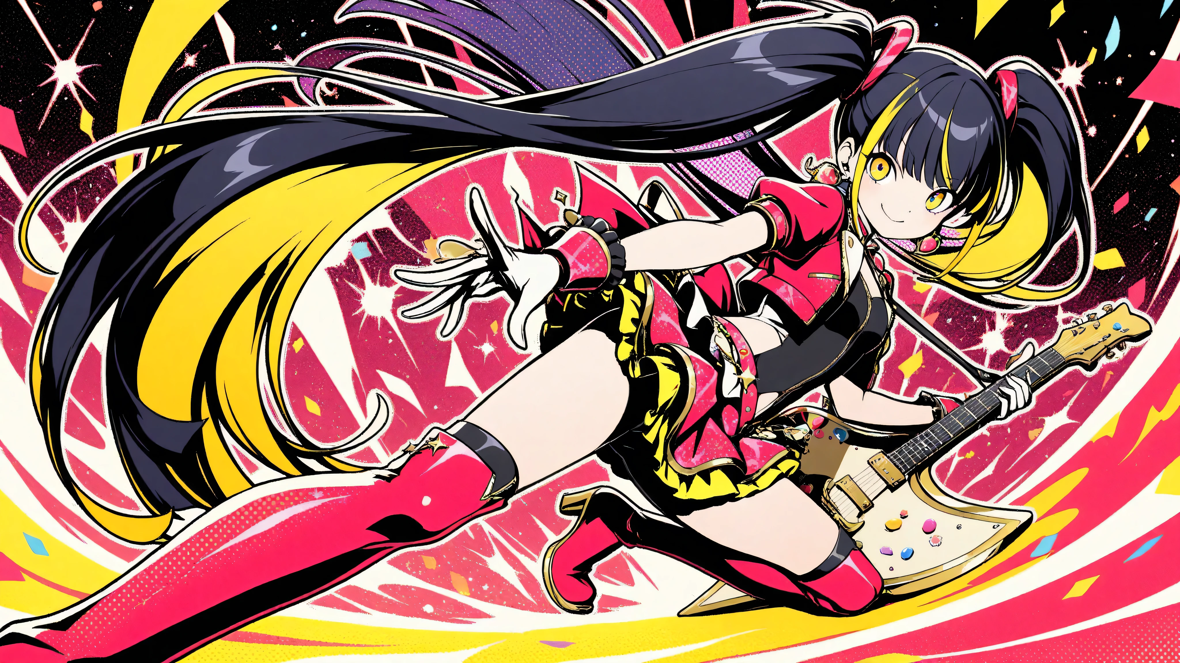 (masterpiece, best quality, clean cel-shaded pop-anime style, bold crisp linework, high saturation, graphic poster vibe, flat shapes, simplified geometry, clear silhouette, halftone dots, sticker-like cutout edges, minimal soft shading)
a glamorous idol girl with long black hair styled in soft waves, posing confidently while kneeling on a glossy red electric guitar; expression: bright stage smile with playful charm; outfit: vivid red idol costume with frilled short skirt, cropped jacket, and gold-trimmed accessories, thigh-high boots with glossy highlights; accessories: heart-shaped earrings, glittery wristbands, mic headset; background: flat red-to-yellow gradient with halftone starburst and faint confetti sparkles; palette: red, black, gold, yellow highlights; effects: glow specks, halftone burst, light glitter dust; lighting: glossy highlights, hard rim light, subtle bloom; angle: frontal three-quarter view, energetic pop-stage vibe

