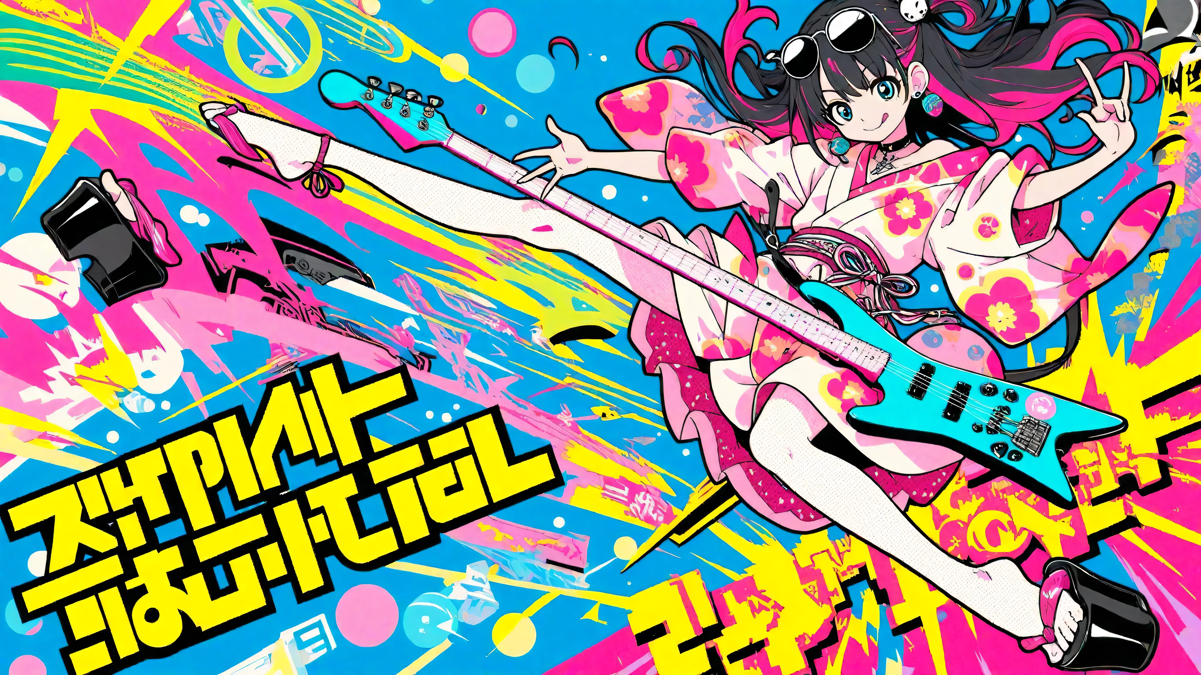 A woman playing the guitar(masterpiece, Highest Quality, Pop anime style with a clean cell, Bold, Clear Line Art, high saturation, Graphic Poster-like Image, Flat shape , halftone dots, Cutout Edge Like a Sticker, Minimal soft shading)
Full Body Photo of a  Cyber Girl, shows a mischievous smile sticking out her tongue and showing off her metal earrings; Peace sign gesture with raised hands; oversized round sunglasses shining with neon graffiti reflections, Unreadable Abstract Strokes; Long Hair with Faint Stripes; Fancy Patterned Yukata with Neon Floral Print, Loosely Tied Belt, One Shoulder Seems to Fall Off; Fishnet Tights Seen Under the Hem, Thick Bottom Platform Sandals; metallic cross pendant on a heavy choker; Background: flat neon red-orange gradient with cyan glow accents and Halftone Burst specks; palette: black, Neon Red, Cyan highlights with pastel accents; effect: Glow specs, Subtle Splashes of Ink, Halftone Burst; lighting: glossy highlights, hard rim light, Pale flowers; no text, without characters