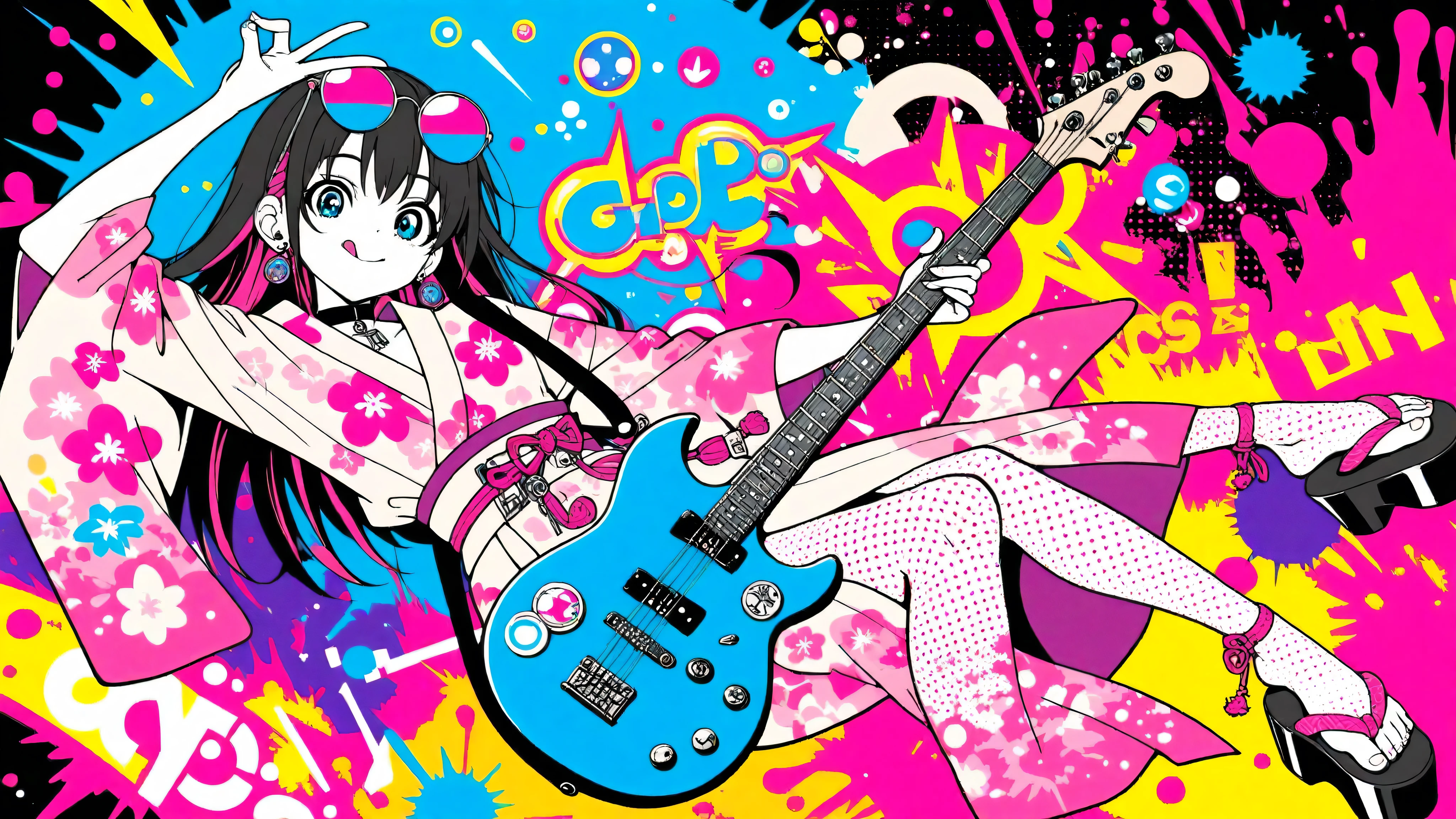 A woman playing the guitar(masterpiece, Highest Quality, Pop anime style with a clean cell, Bold, Clear Line Art, high saturation, Graphic Poster-like Image, Flat shape , halftone dots, Cutout Edge Like a Sticker, Minimal soft shading)
Full Body Photo of a  Cyber Girl, shows a mischievous smile sticking out her tongue and showing off her metal earrings; Peace sign gesture with raised hands; oversized round sunglasses shining with neon graffiti reflections, Unreadable Abstract Strokes; Long Hair with Faint Stripes; Fancy Patterned Yukata with Neon Floral Print, Loosely Tied Belt, One Shoulder Seems to Fall Off; Fishnet Tights Seen Under the Hem, Thick Bottom Platform Sandals; metallic cross pendant on a heavy choker; Background: flat neon red-orange gradient with cyan glow accents and Halftone Burst specks; palette: black, Neon Red, Cyan highlights with pastel accents; effect: Glow specs, Subtle Splashes of Ink, Halftone Burst; lighting: glossy highlights, hard rim light, Pale flowers; no text, without characters
