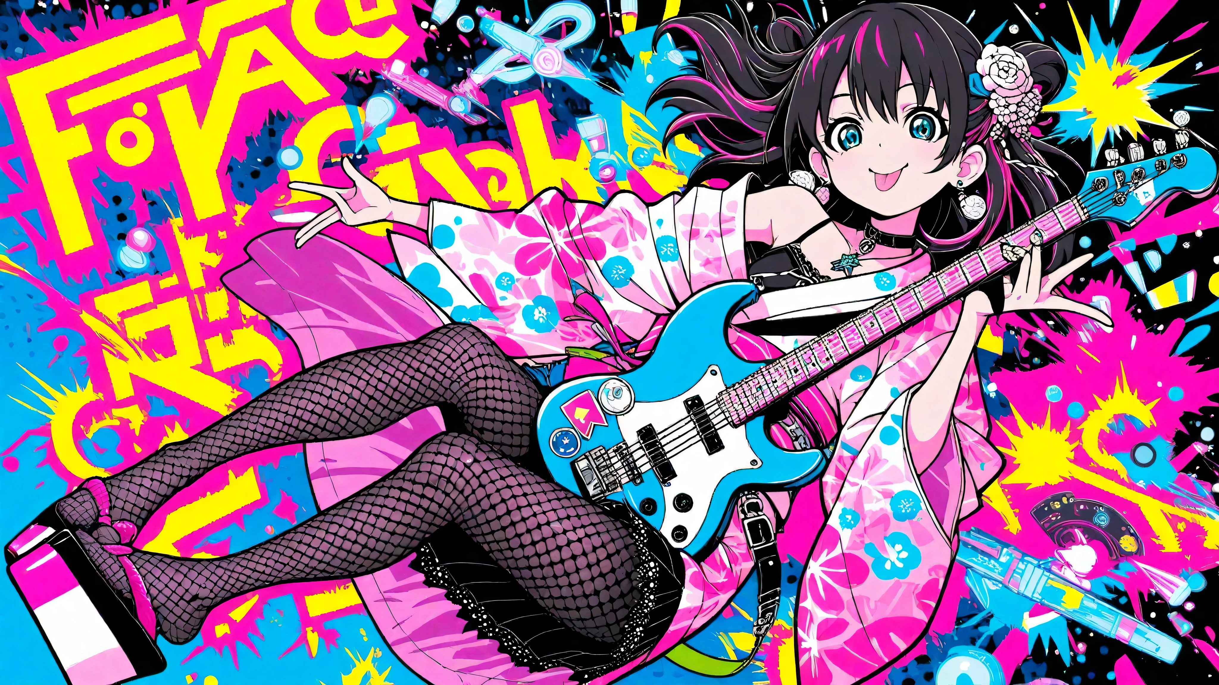 A woman playing the guitar(masterpiece, Highest Quality, Pop anime style with a clean cell, Bold, Clear Line Art, high saturation, Graphic Poster-like Image, Flat shape , halftone dots, Cutout Edge Like a Sticker, Minimal soft shading)
Full Body Photo of a  Cyber Girl, shows a mischievous smile sticking out her tongue and showing off her metal earrings; Peace sign gesture with raised hands; oversized round sunglasses shining with neon graffiti reflections, Unreadable Abstract Strokes; Long Hair with Faint Stripes; Fancy Patterned Yukata with Neon Floral Print, Loosely Tied Belt, One Shoulder Seems to Fall Off; Fishnet Tights Seen Under the Hem, Thick Bottom Platform Sandals; metallic cross pendant on a heavy choker; Background: flat neon red-orange gradient with cyan glow accents and Halftone Burst specks; palette: black, Neon Red, Cyan highlights with pastel accents; effect: Glow specs, Subtle Splashes of Ink, Halftone Burst; lighting: glossy highlights, hard rim light, Pale flowers; no text, without characters