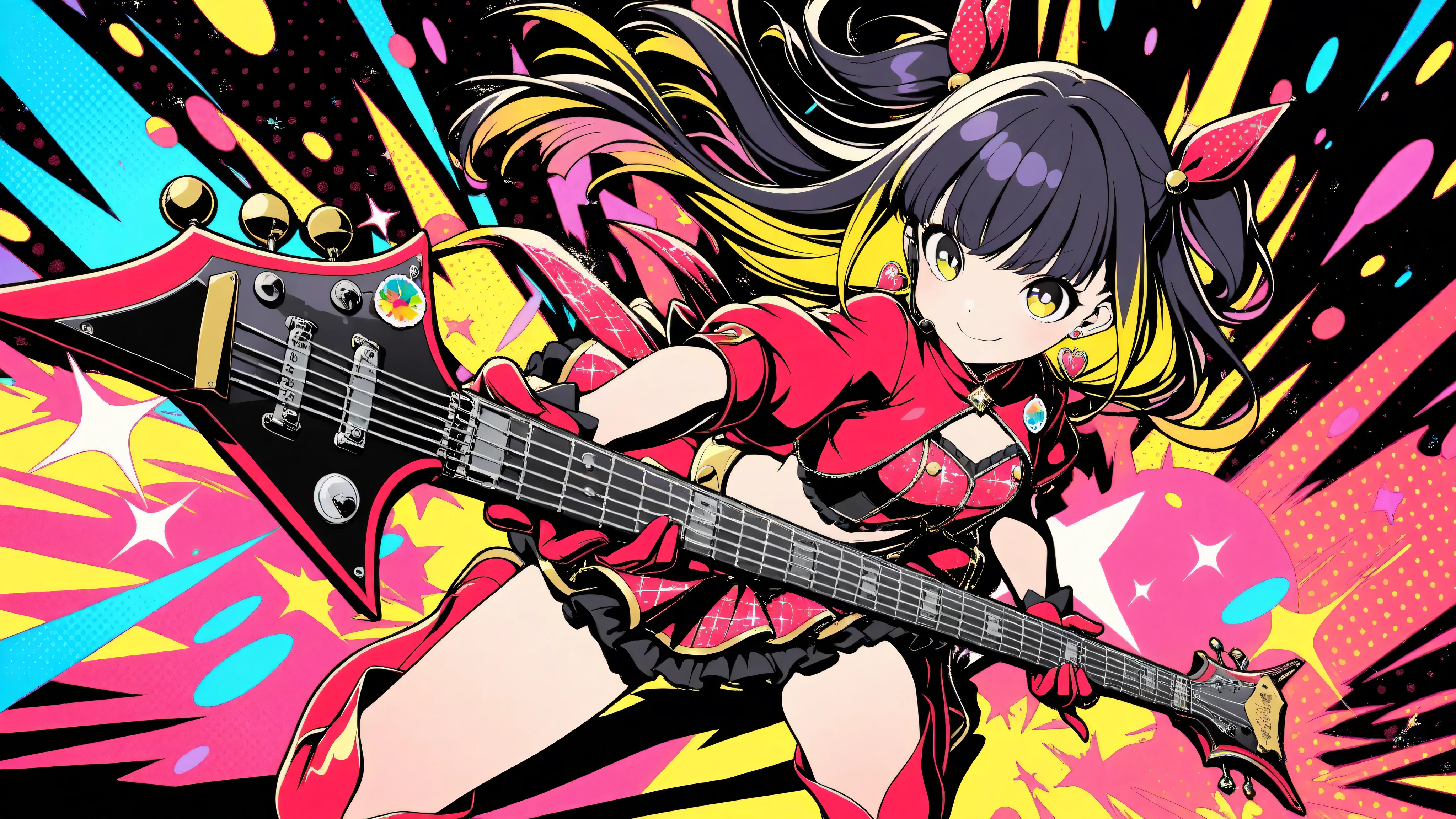 (masterpiece, best quality, clean cel-shaded pop-anime style, bold crisp linework, high saturation, graphic poster vibe, flat shapes, simplified geometry, clear silhouette, halftone dots, sticker-like cutout edges, minimal soft shading)
a glamorous idol girl with long black hair styled in soft waves, posing confidently while kneeling on a glossy red electric guitar; expression: bright stage smile with playful charm; outfit: vivid red idol costume with frilled short skirt, cropped jacket, and gold-trimmed accessories, thigh-high boots with glossy highlights; accessories: heart-shaped earrings, glittery wristbands, mic headset; background: flat red-to-yellow gradient with halftone starburst and faint confetti sparkles; palette: red, black, gold, yellow highlights; effects: glow specks, halftone burst, light glitter dust; lighting: glossy highlights, hard rim light, subtle bloom; angle: frontal three-quarter view, energetic pop-stage vibe
