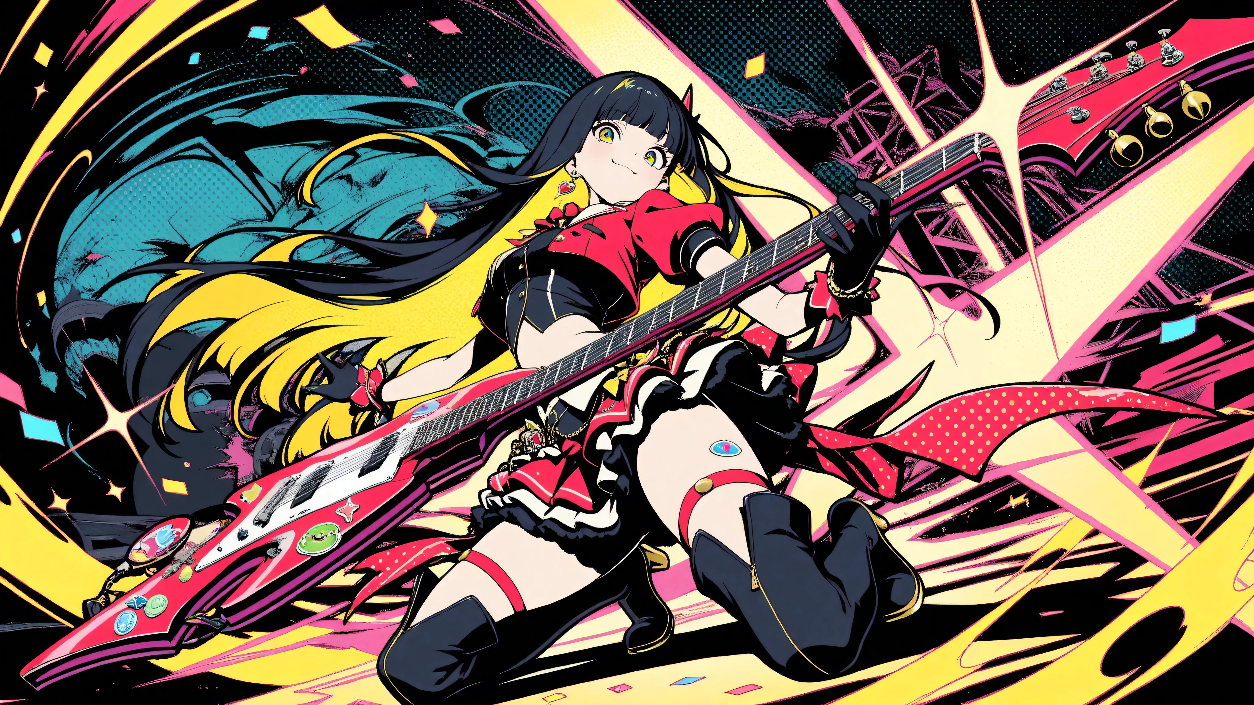 (masterpiece, best quality, clean cel-shaded pop-anime style, bold crisp linework, high saturation, graphic poster vibe, flat shapes, simplified geometry, clear silhouette, halftone dots, sticker-like cutout edges, minimal soft shading)
a glamorous idol girl with long black hair styled in soft waves, posing confidently while kneeling on a glossy red electric guitar; expression: bright stage smile with playful charm; outfit: vivid red idol costume with frilled short skirt, cropped jacket, and gold-trimmed accessories, thigh-high boots with glossy highlights; accessories: heart-shaped earrings, glittery wristbands, mic headset; background: flat red-to-yellow gradient with halftone starburst and faint confetti sparkles; palette: red, black, gold, yellow highlights; effects: glow specks, halftone burst, light glitter dust; lighting: glossy highlights, hard rim light, subtle bloom; angle: frontal three-quarter view, energetic pop-stage vibe
