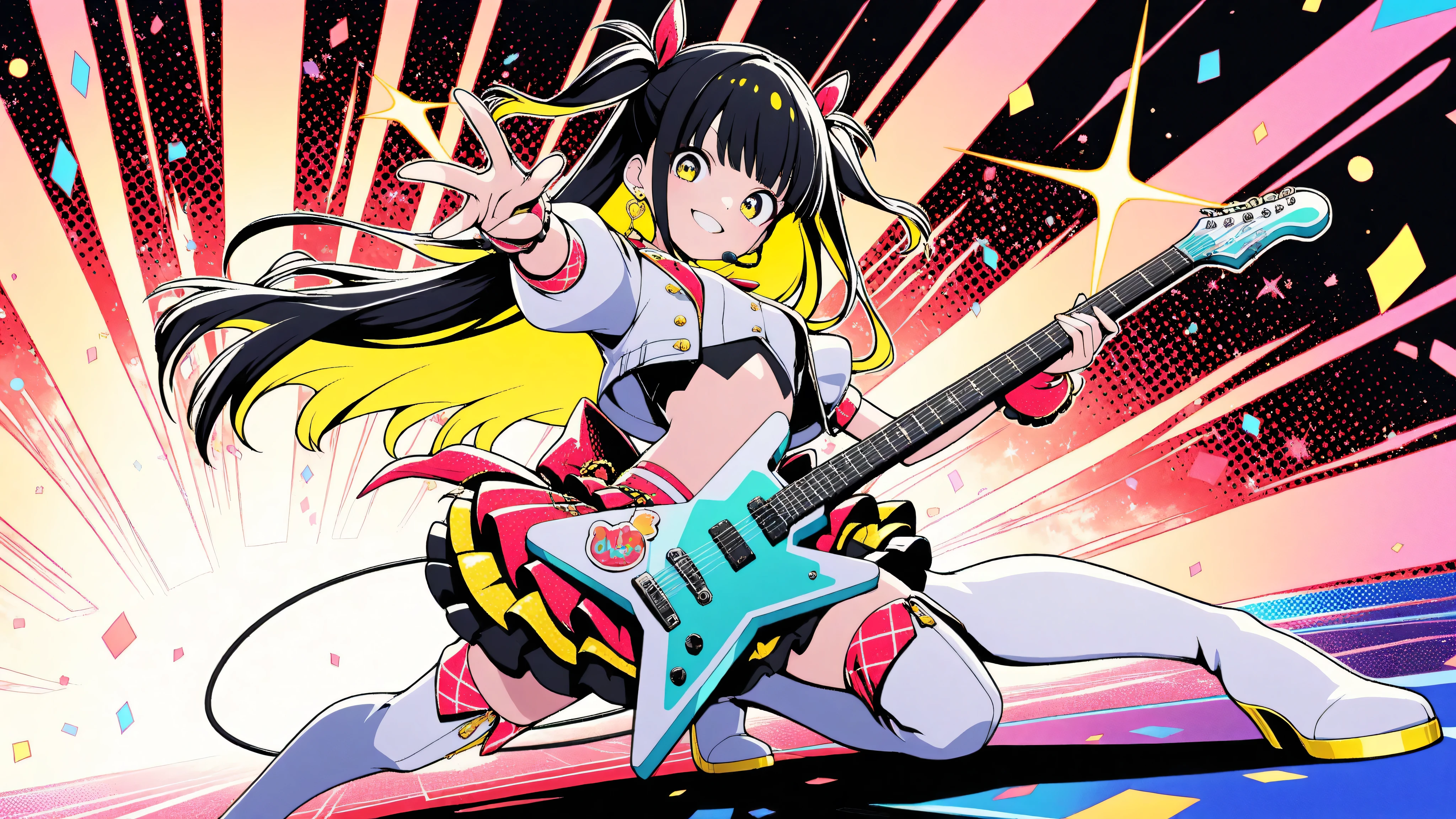 (masterpiece, best quality, clean cel-shaded pop-anime style, bold crisp linework, high saturation, graphic poster vibe, flat shapes, simplified geometry, clear silhouette, halftone dots, sticker-like cutout edges, minimal soft shading)
a glamorous idol girl with long black hair styled in soft waves, posing confidently while kneeling on a glossy red electric guitar; expression: bright stage smile with playful charm; outfit: vivid red idol costume with frilled short skirt, cropped jacket, and gold-trimmed accessories, thigh-high boots with glossy highlights; accessories: heart-shaped earrings, glittery wristbands, mic headset; background: flat red-to-yellow gradient with halftone starburst and faint confetti sparkles; palette: red, black, gold, yellow highlights; effects: glow specks, halftone burst, light glitter dust; lighting: glossy highlights, hard rim light, subtle bloom; angle: frontal three-quarter view, energetic pop-stage vibe
