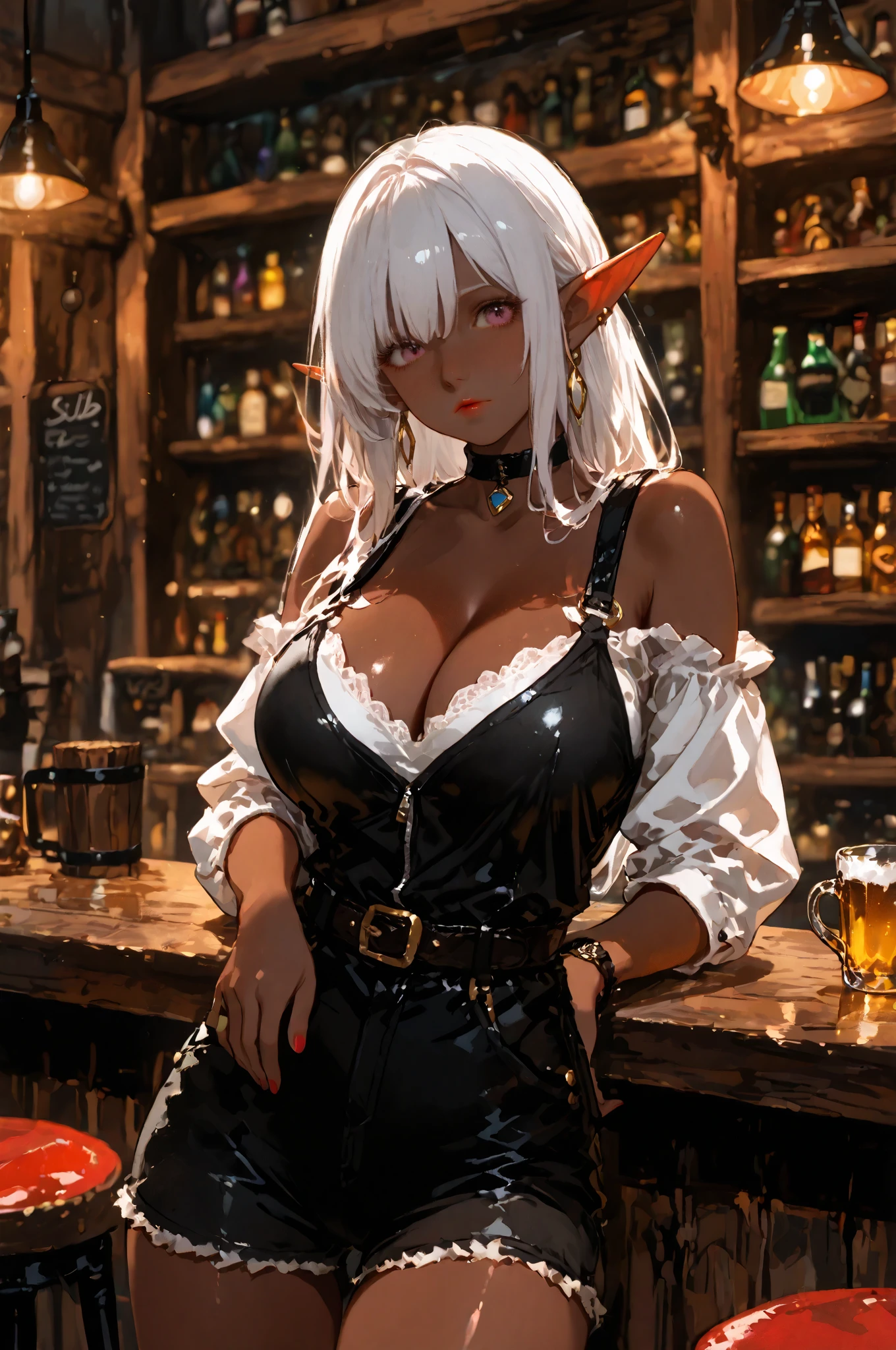 1girl,horns,breasts,jewelry,large breasts,necklace,ring,pointy ears,solo,blonde hair,bar (place),looking at viewer,long hair,multicolored hair,cleavage,bare shoulders,detached sleeves,mole on breast,demon horns,choker,parted lips,bottle,dress,mole,white hair,red lips,demon girl,earrings,alcohol,fishnets,black dress,dutch angle,indoors,see-through,covered nipples,covering breasts,, (masterpiece, best quality:1.4),