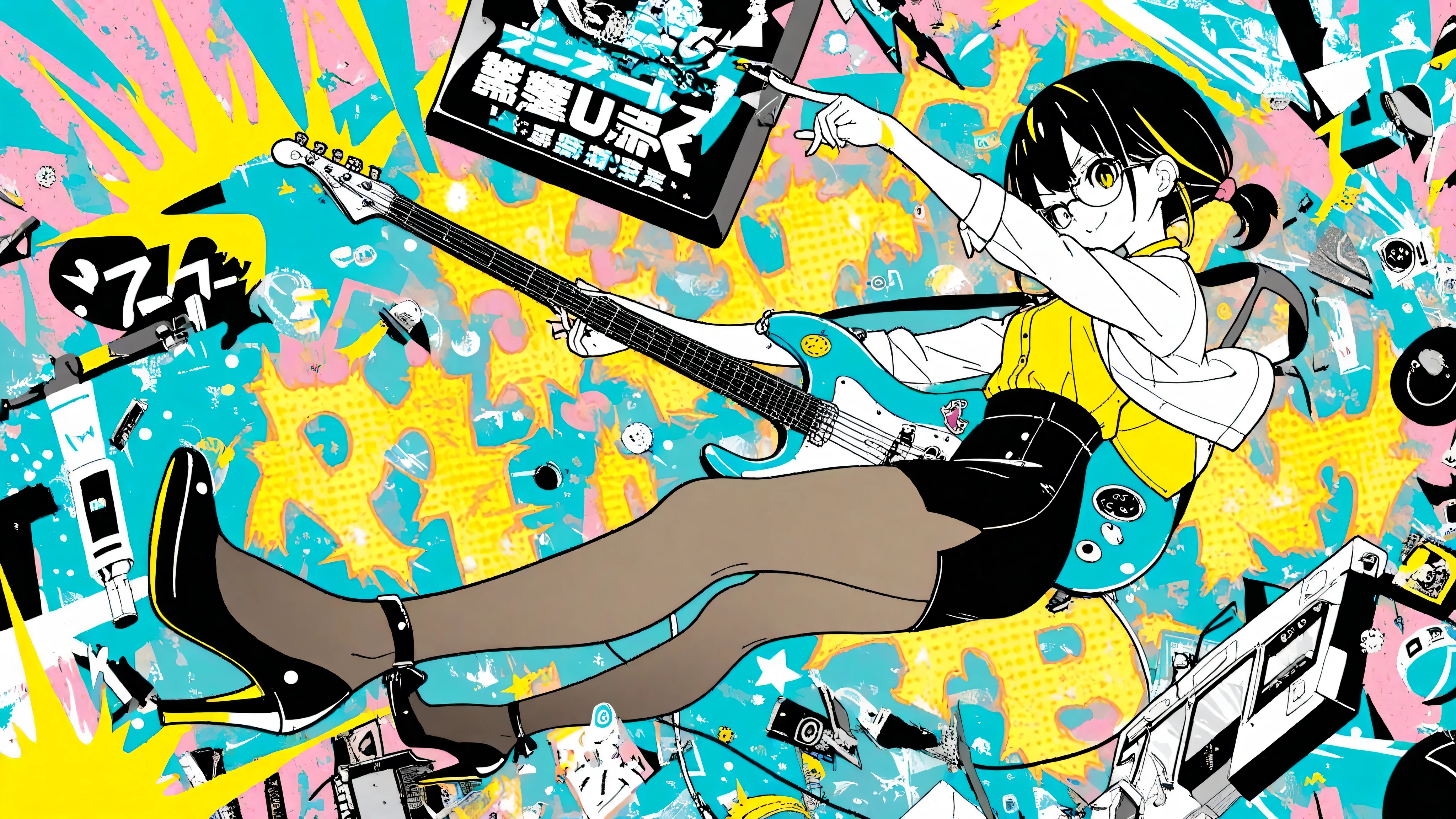 A woman playing the guitar(masterpiece, Highest Quality, Pop anime style with a clean cell, Bold, Clear Line Art, high saturation, Graphic Poster-like Image, Flat shape , halftone dots, Cutout Edge Like a Sticker, Minimal soft shading)
Confident 3 with a smart ponytail and sharp glasses/Confident in Her 4 Posture々Secretary Girl; expression: Slightly Confident々A smile, Raise One Eyebrow Slightly, Adjust Glasses with Your Fingertips; Costume: Wear a cropped blouse over a jacket, High Waist Pencil Skirt Has a Slit, Sheer tights,  pointed heels ; Props: Lightly Carrying a Slim Tablet and Stylus (No legible text); composition: full body, Center Framing, Vertical Layout Awareness,  clear foreground /Background separation; Background: flat mint-to-cyan gradient with Halftone Burst and simple geometric office accents; palette: black, white, Mint Cyan with a Little Lemon Yellow Highlights; effect: Glow specs, Subtle Splashes of Ink, Halftone Burst; lighting: glossy highlights, hard rim light, Pale flowers; angle: Three Quarter View
