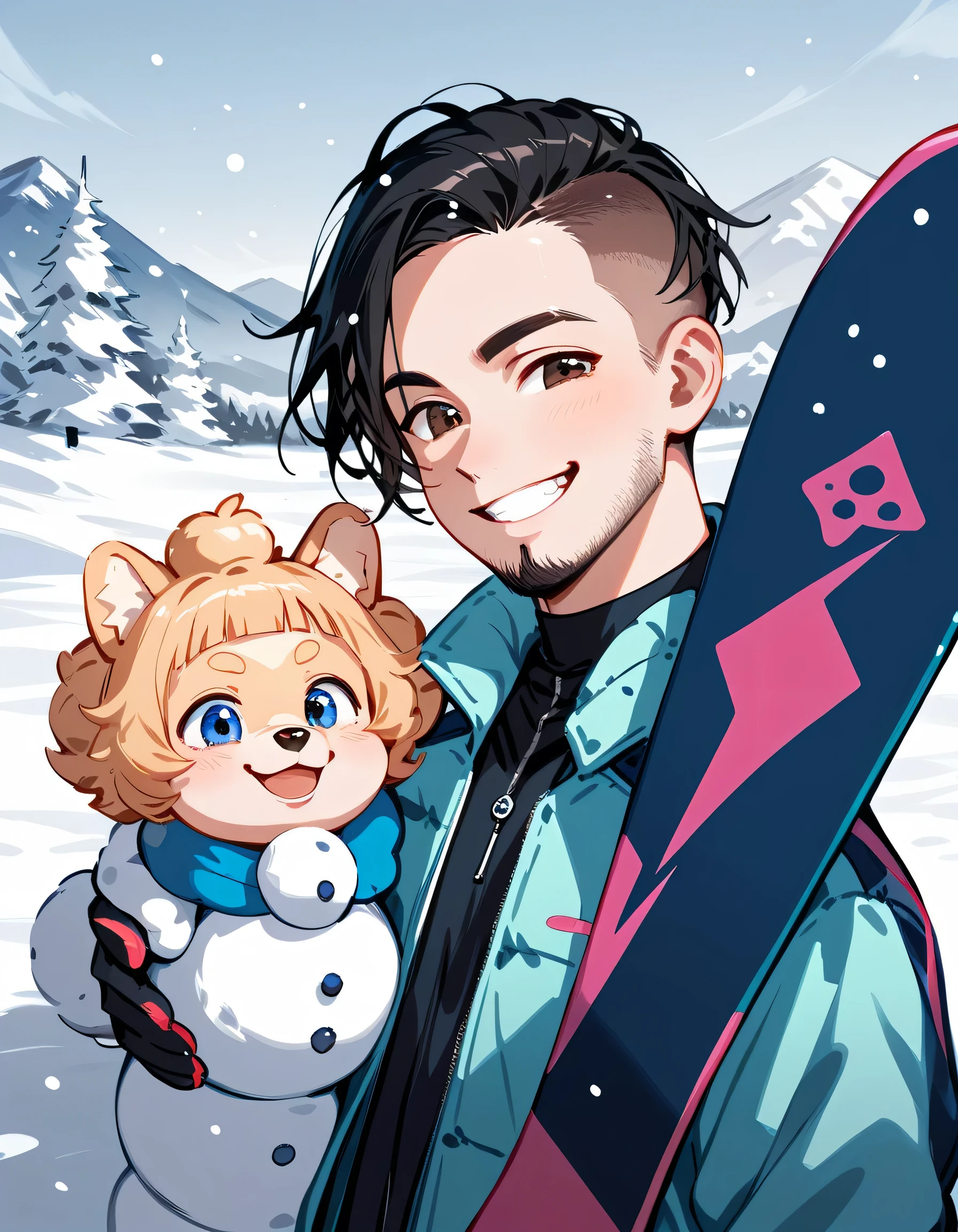 (((((with small Pomeranian(dog)))))),(standing holding snowboard),portrait,(middle-man),40years old,(The face of an old man with dignity),man's eyes,man's nose,grin,(black short spiked hair),forehead,sidecut,undercut,beard,snowboarder's suits,(manga style,sketch,best quality),snow mountain,ski resort, slalom,(((createe big snowman)))