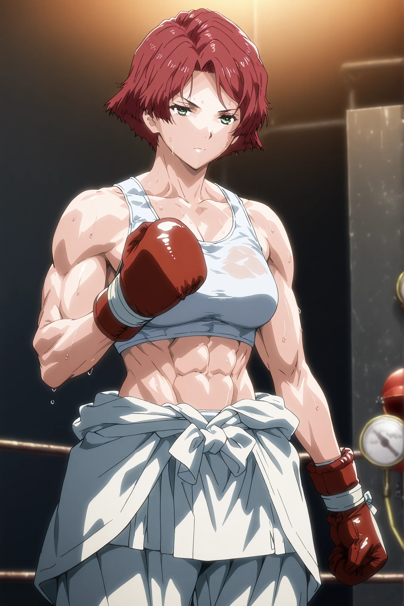 1girl, solo, young mature, yukinakabaneri, green eyes, short hair, red hair,muscular female, boxing gloves, white tank top, clothes around waist, white pants, breasts, midriff, abs, sweating