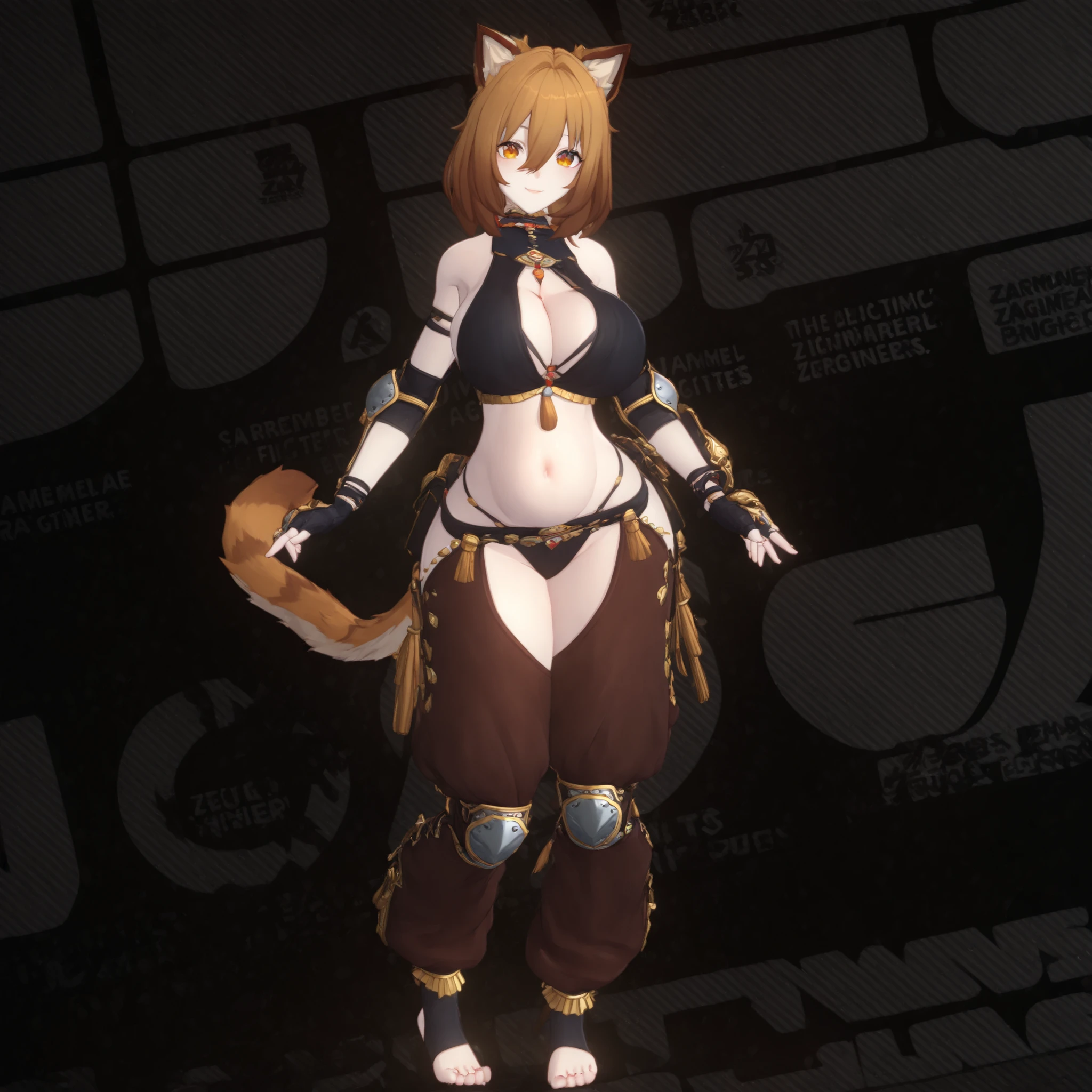 (1girl, solo, cat girl, cat ears, caramel brown ears, cat tail, caramel brown tail, caramel brown hair, medium hair, hair between eyes, beautiful face, amber eyes, pale skin, big breasts, cleavage, navel, cute sagging belly, wide hips, harem fighter outfit, beautiful top, elbow pads, baggy chaps, knee pads, toeless socks, barefoot, gauntlets, fingerless gloves, standing, posing, happy, stylish, graceful, charming, sexy, cute, full body, beautiful environment, gothicstyle, bishoujo, moe, zzzsty, 3d, gothic aesthetic, simple background, masterpiece, best quality)