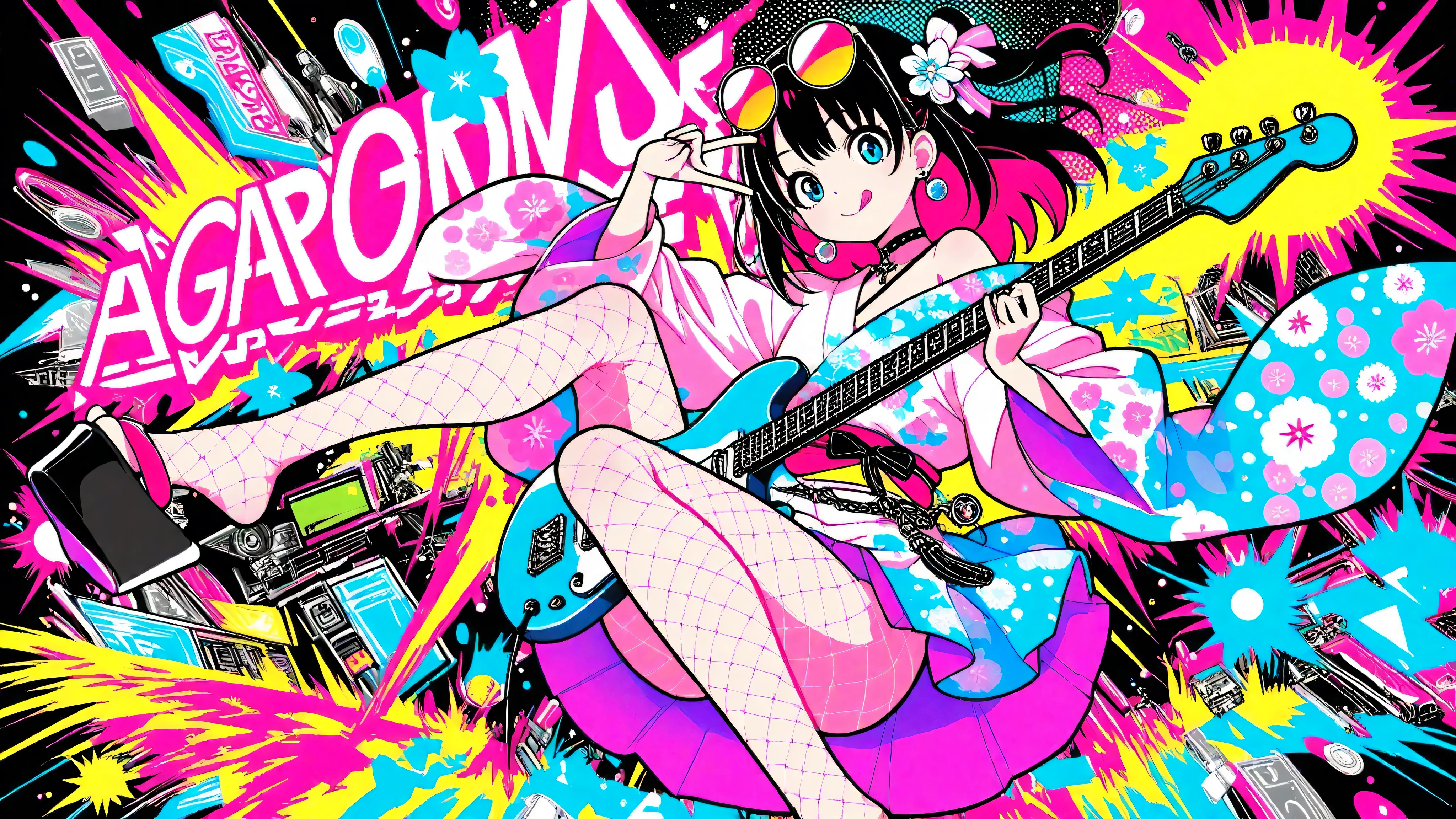 A woman playing the guitar(masterpiece, Highest Quality, Pop anime style with a clean cell, Bold, Clear Line Art, high saturation, Graphic Poster-like Image, Flat shape , halftone dots, Cutout Edge Like a Sticker, Minimal soft shading)
Full Body Photo of a  Cyber Girl, shows a mischievous smile sticking out her tongue and showing off her metal earrings; Peace sign gesture with raised hands; oversized round sunglasses shining with neon graffiti reflections, Unreadable Abstract Strokes; Long Hair with Faint Stripes; Fancy Patterned Yukata with Neon Floral Print, Loosely Tied Belt, One Shoulder Seems to Fall Off; Fishnet Tights Seen Under the Hem, Thick Bottom Platform Sandals; metallic cross pendant on a heavy choker; Background: flat neon red-orange gradient with cyan glow accents and Halftone Burst specks; palette: black, Neon Red, Cyan highlights with pastel accents; effect: Glow specs, Subtle Splashes of Ink, Halftone Burst; lighting: glossy highlights, hard rim light, Pale flowers; no text, without characters