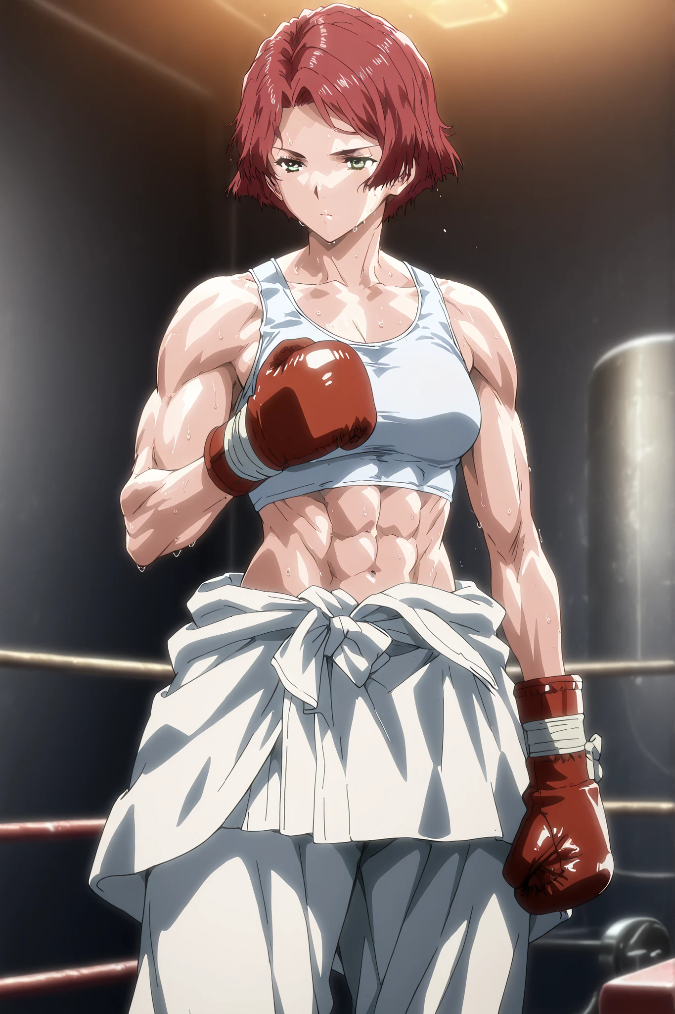 1girl, solo, young mature, yukinakabaneri, green eyes, short hair, red hair,muscular female, boxing gloves, white tank top, clothes around waist, white pants, breasts, midriff, abs, sweating