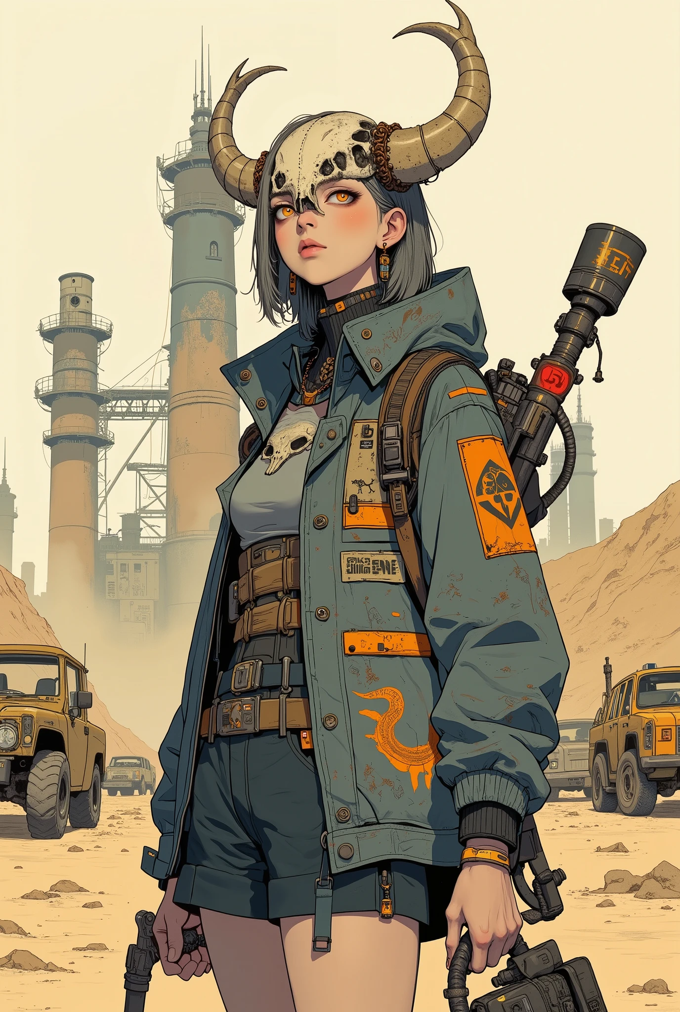 A figure stands in an arid, post-apocalyptic landscape, surrounded by remnants of technology and dilapidated structures. The scene is dominated by a sandy hue, with old, rusting vehicles dotting the terrain, contrasting the seemingly abandoned industrial towers in the background. The person wears a dark, weathered jacket adorned with orange accents and a tribal-style skull emblem, enhancing the rugged aesthetic. The jacket's patches suggest affiliations or a past, adding to the narrative. On their head rests an imposing skull with twisted horns, adding a menacing, warrior-like appearance. They hold a large weapon, sitting on a machine,SHORT BOB,slightly random hairstyle, Hair color is dark gray, wear animal skull over head、decorated with metal junk,t is amber,leather corset、Best、short jacket。The shirt is a puff sleeve,belt、Pouch、lots of small items such as chains,with a small light on the tip,gear earrings,leather gloves and boots,glowing eyes full of curiosity, Very Detailed Line Drawing, full body,James Jean Soft Light 4k, James Jean Softlight 4k, A fantastic anime that feels like a dream, lo-fi anime vibes, Reusch art style,Moebius artwork, Inspired by Mattias Adolfsson,dynamic side view , Playful and vibrant atmosphere, Flat, white illustration style, High Contrast Color,  digital art,Cover of JoJolion