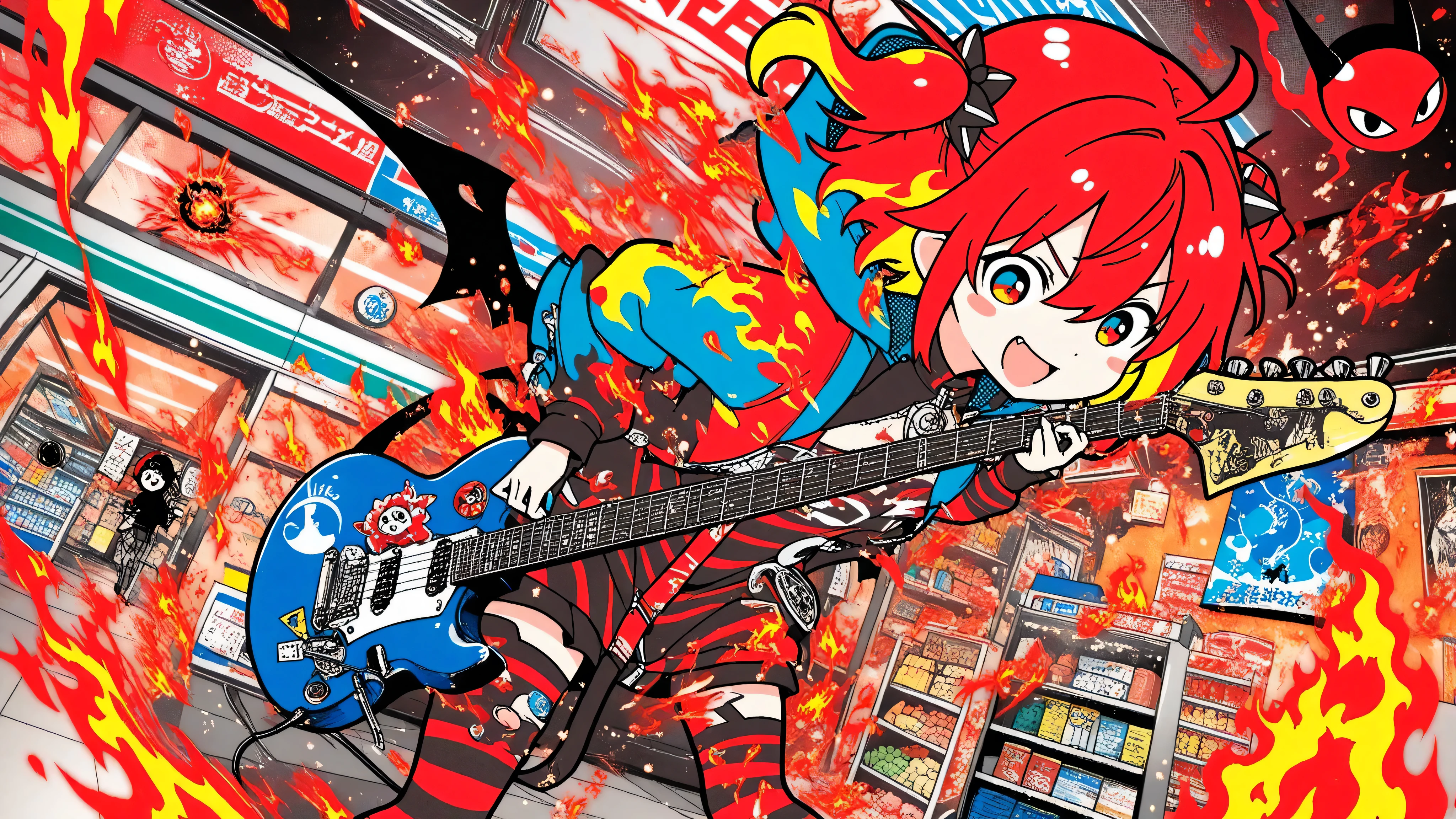 A woman playing the guitar(masterpiece, Highest Quality, like a graphic poster IMAGE, Bold, Clear Line Art, high saturation, グラフィックポスターのようなイメージ, Flat shape , Simplified Geometry, halftone dots, Cut Out Edges Like Stickers, Minimal soft shading)
Pop Anime Style with Clean Cell Graphics「Hell Lawson」Convenience store; Surreal, wearing a stylized blue-and-white striped uniform with subtle flame patterns; behind the counter with a black bar, Shelves Shine with Bottled Soul, Burning Bento Box, and Neon Red Snacks; 店の看板は冷たいcyan blue に輝く, but、Flickering with Red Heat Along the Edges; Reflections on Floors Colored by Fire Light; Background: Bold Contrast Between Corporate Cool and the Warmth of Hell {x} Interior Walkway Disappearing into a Crimson Inferno with halftone smoke and ash spots; palette: cyan blue , white, black, Red and Orange Highlights; effect: Glow specs, Halftone Flames, Light Ashes Drifting; lighting: glossy highlights, hard rim light, Double Blooming in Blue and Red; composition: Show the back of the central perspective , Blue Devil's Horn and Sly Smiling Central Clerk; feeling: stylish, Ironic, Pop Inferno