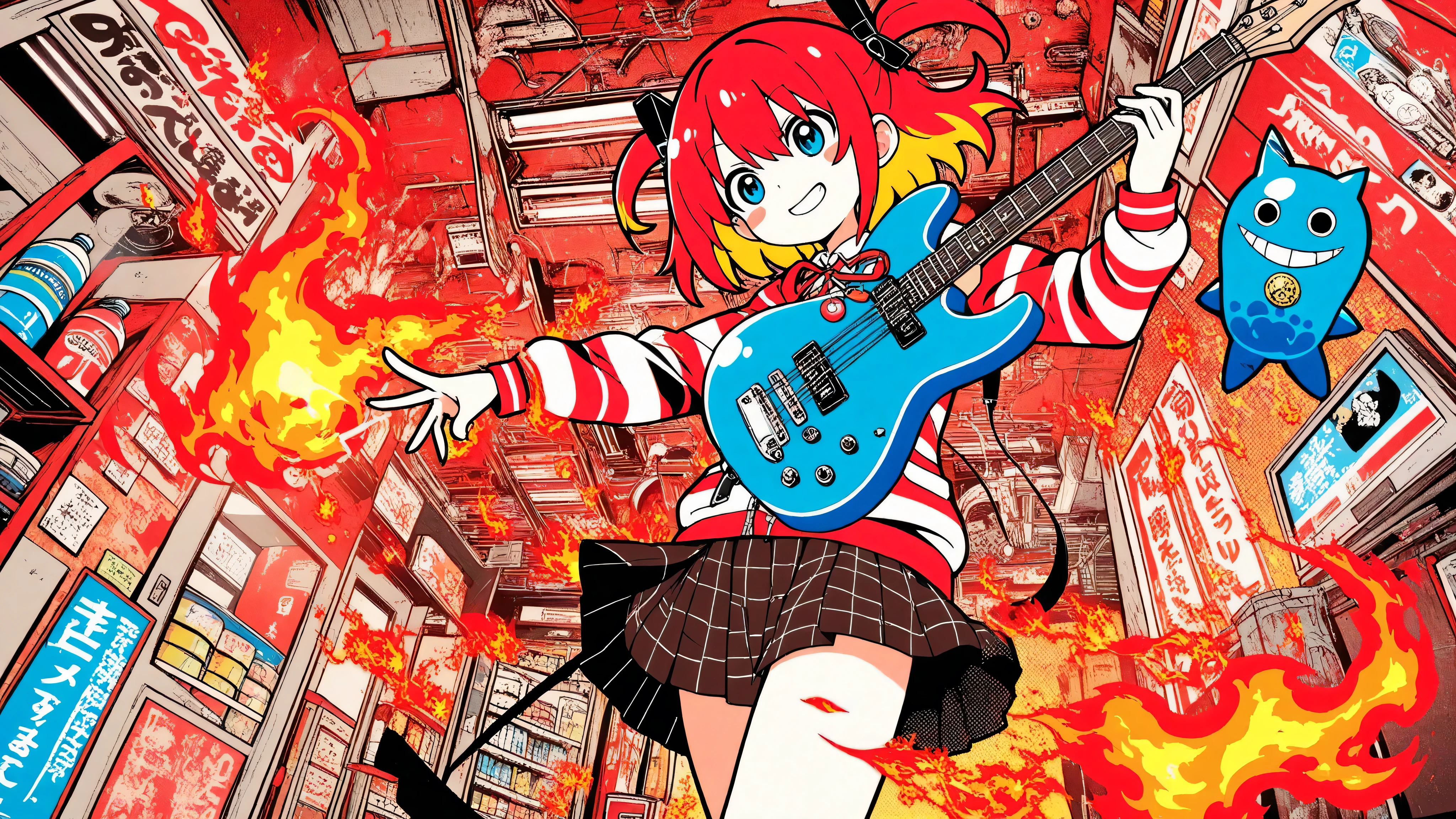 A woman playing the guitar(masterpiece, Highest Quality, like a graphic poster IMAGE, Bold, Clear Line Art, high saturation, グラフィックポスターのようなイメージ, Flat shape , Simplified Geometry, halftone dots, Cut Out Edges Like Stickers, Minimal soft shading)
Pop Anime Style with Clean Cell Graphics「Hell Lawson」Convenience store; Surreal, wearing a stylized blue-and-white striped uniform with subtle flame patterns; behind the counter with a black bar, Shelves Shine with Bottled Soul, Burning Bento Box, and Neon Red Snacks; 店の看板は冷たいcyan blue に輝く, but、Flickering with Red Heat Along the Edges; Reflections on Floors Colored by Fire Light; Background: Bold Contrast Between Corporate Cool and the Warmth of Hell {x} Interior Walkway Disappearing into a Crimson Inferno with halftone smoke and ash spots; palette: cyan blue , white, black, Red and Orange Highlights; effect: Glow specs, Halftone Flames, Light Ashes Drifting; lighting: glossy highlights, hard rim light, Double Blooming in Blue and Red; composition: Show the back of the central perspective , Blue Devil's Horn and Sly Smiling Central Clerk; feeling: stylish, Ironic, Pop Inferno