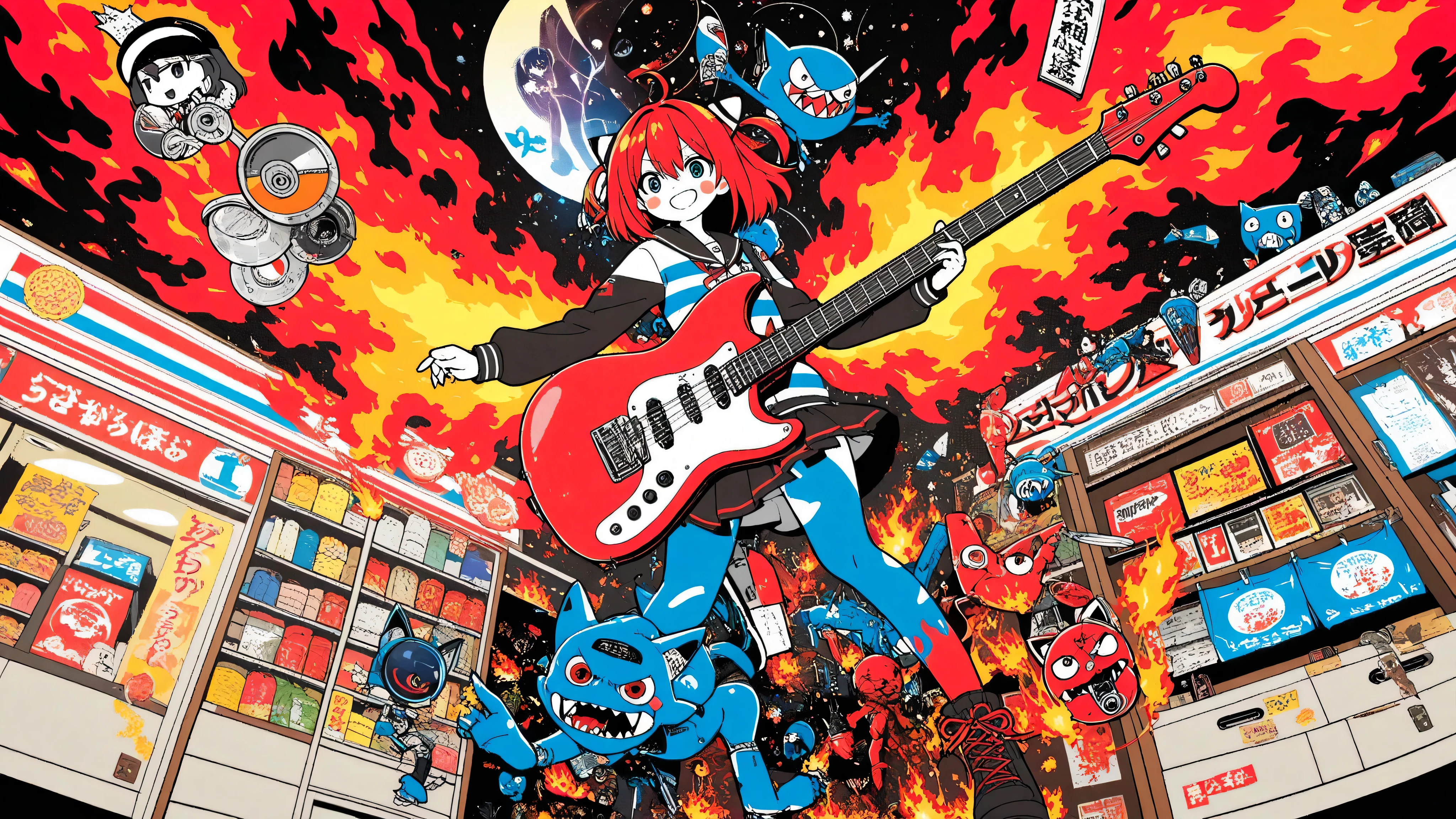A woman playing the guitar(masterpiece, Highest Quality, like a graphic poster IMAGE, Bold, Clear Line Art, high saturation, グラフィックポスターのようなイメージ, Flat shape , Simplified Geometry, halftone dots, Cut Out Edges Like Stickers, Minimal soft shading)
Pop Anime Style with Clean Cell Graphics「Hell Lawson」Convenience store; Surreal, wearing a stylized blue-and-white striped uniform with subtle flame patterns; behind the counter with a black bar, Shelves Shine with Bottled Soul, Burning Bento Box, and Neon Red Snacks; 店の看板は冷たいcyan blue に輝く, but、Flickering with Red Heat Along the Edges; Reflections on Floors Colored by Fire Light; Background: Bold Contrast Between Corporate Cool and the Warmth of Hell {x} Interior Walkway Disappearing into a Crimson Inferno with halftone smoke and ash spots; palette: cyan blue , white, black, Red and Orange Highlights; effect: Glow specs, Halftone Flames, Light Ashes Drifting; lighting: glossy highlights, hard rim light, Double Blooming in Blue and Red; composition: Show the back of the central perspective , Blue Devil's Horn and Sly Smiling Central Clerk; feeling: stylish, Ironic, Pop Inferno