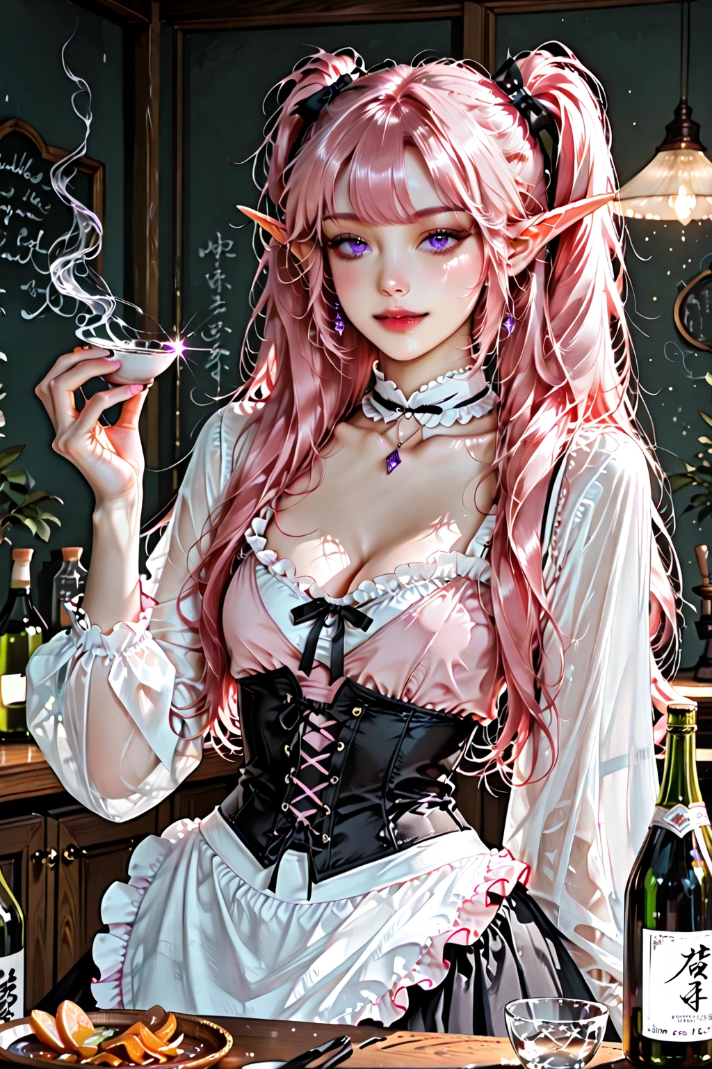 :(masterpiece), (best quality), (ultra-detailed), (masterpiece), (best quality), (1600×720), (ultra-detailed), A beautiful cute girl,  with long pink hair and red eyes, smiling, in black  dress, at casino, masterpiece, ultra-high definition resolution --auto --s2