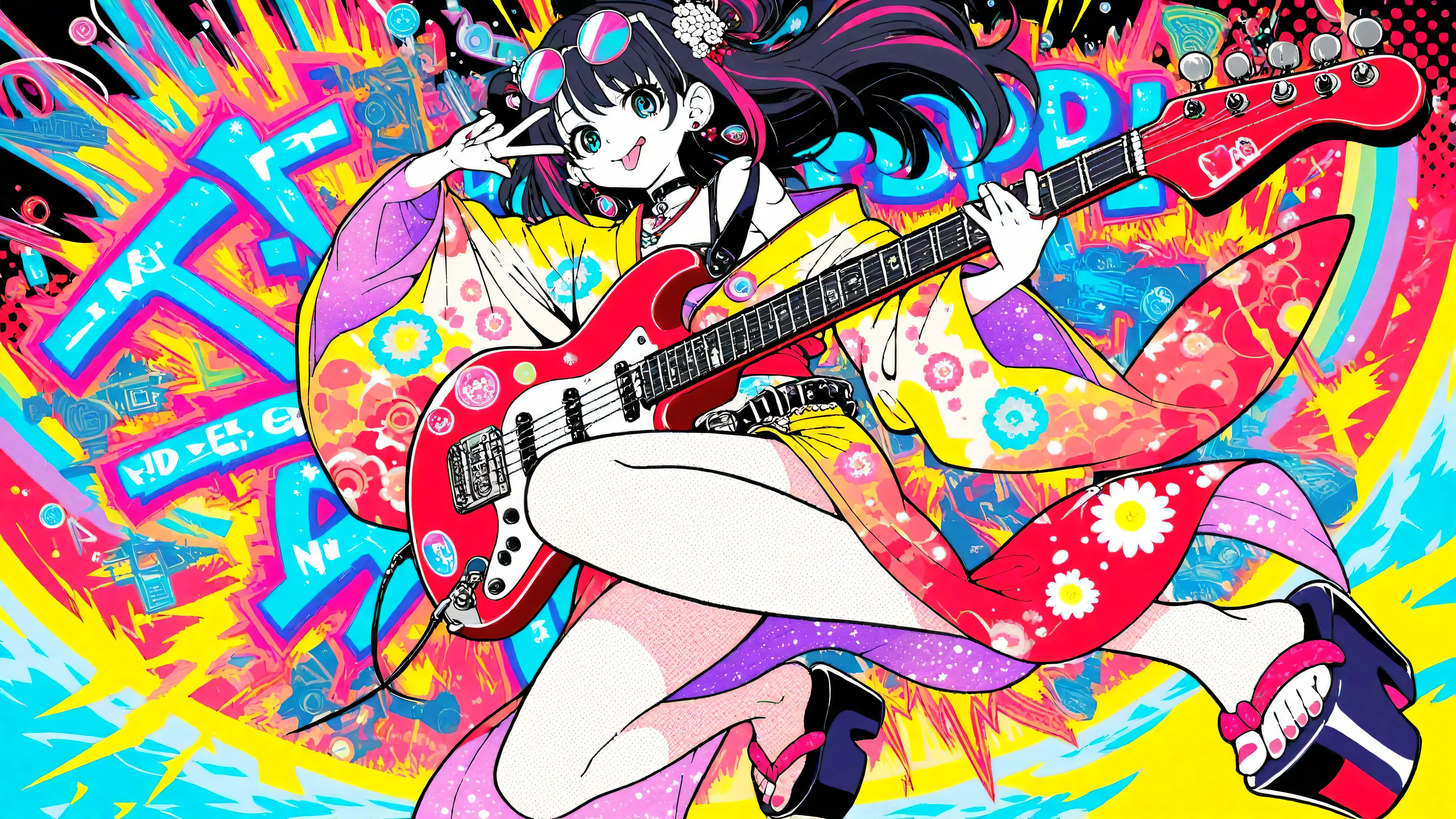 A woman playing the guitar(masterpiece, Highest Quality, Pop anime style with a clean cell, Bold, Clear Line Art, high saturation, Graphic Poster-like Image, Flat shape , halftone dots, Cutout Edge Like a Sticker, Minimal soft shading)
Full Body Photo of a Cyber Girl, shows a mischievous smile sticking out her tongue and showing off her metal earrings; Peace sign gesture with raised hands; oversized round sunglasses shining with neon graffiti reflections, Unreadable Abstract Strokes; Long Hair with Faint Stripes; Fancy Patterned Yukata with Neon Floral Print, Loosely Tied Belt, One Shoulder Seems to Fall Off; Fishnet Tights Seen Under the Hem, Thick Bottom Platform Sandals; metallic cross pendant on a heavy choker; Background: flat neon red-orange gradient with cyan glow accents and Halftone Burst specks; palette: black, Neon Red, Cyan highlights with pastel accents; effect: Glow specs, Subtle Splashes of Ink, Halftone Burst; lighting: glossy highlights, hard rim light, Pale flowers; no text, without characters