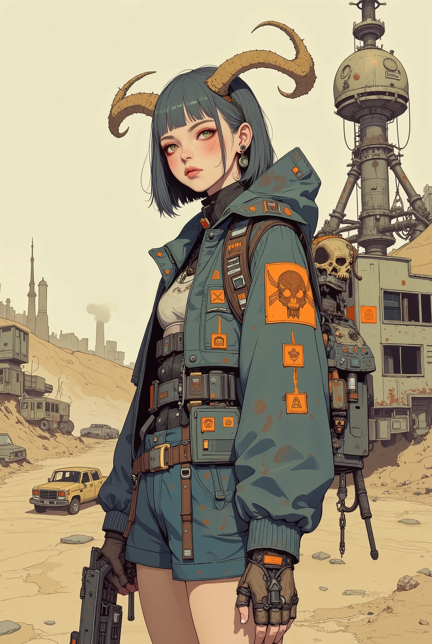 A figure stands in an arid, post-apocalyptic landscape, surrounded by remnants of technology and dilapidated structures. The scene is dominated by a sandy hue, with old, rusting vehicles dotting the terrain, contrasting the seemingly abandoned industrial towers in the background. The person wears a dark, weathered jacket adorned with orange accents and a tribal-style skull emblem, enhancing the rugged aesthetic. The jacket's patches suggest affiliations or a past, adding to the narrative. On their head rests an imposing skull with twisted horns, adding a menacing, warrior-like appearance. They hold a large weapon, sitting on a machine,SHORT BOB,slightly random hairstyle, Hair color is dark gray,decorated with metal junk,t is amber,leather corset、Best、short jacket。The shirt is a puff sleeve,belt、Pouch、lots of small items such as chains,with a small light on the tip,gear earrings,leather gloves and boots,glowing eyes full of curiosity, Very Detailed Line Drawing, full body,James Jean Soft Light 4k, James Jean Softlight 4k, A fantastic anime that feels like a dream, lo-fi anime vibes, Reusch art style,Moebius artwork, Inspired by Mattias Adolfsson,dynamic side view , Playful and vibrant atmosphere, Flat, white illustration style, High Contrast Color,  digital art,Cover of JoJolion