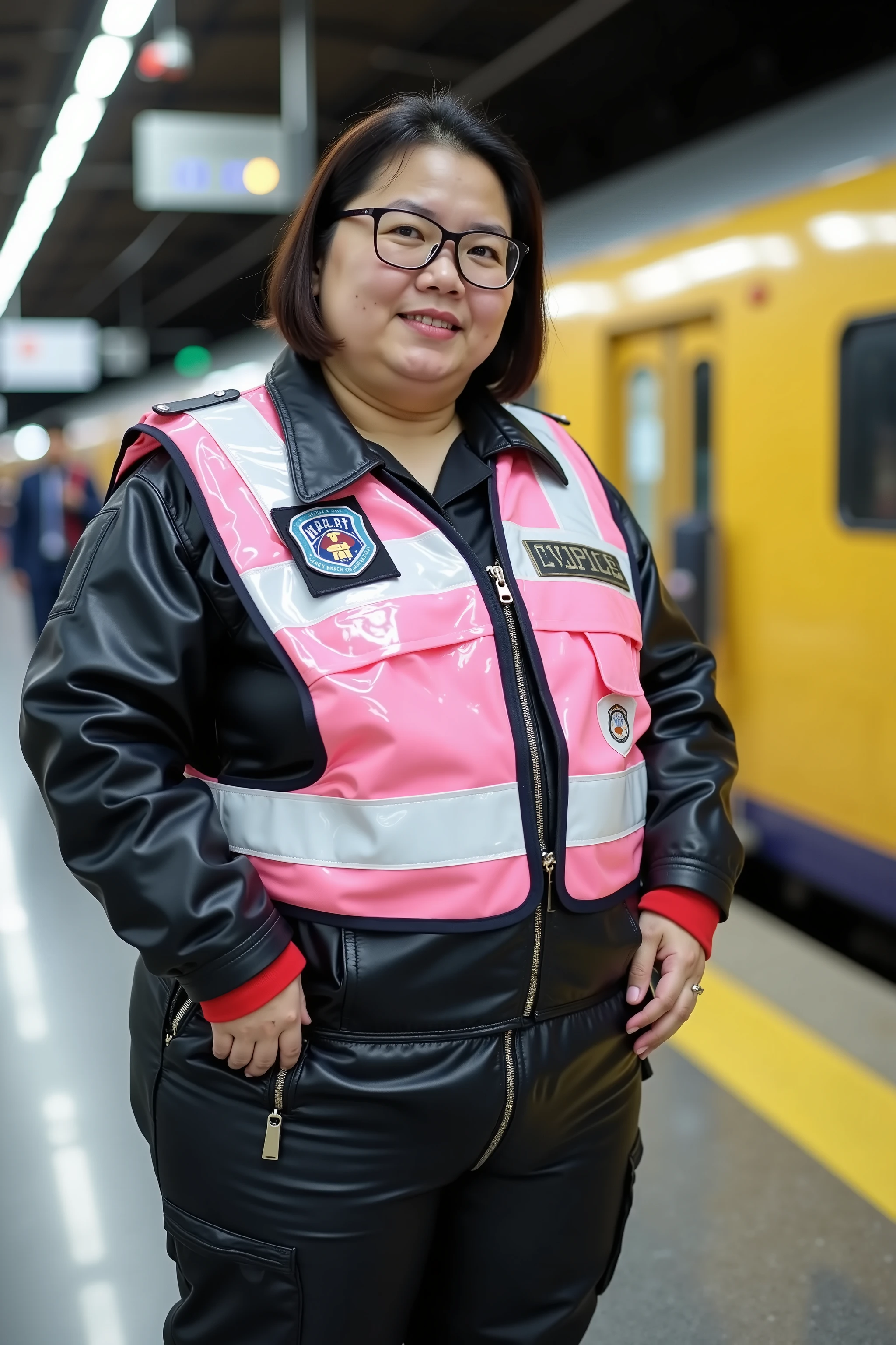 Wide angle image in a train station near a Shinkansen that is yellow a very obese 40 year old asian woman wears a pink and white vinyl patrol vest with translucent vinyl over her chest and shoulders, 50% transparency, wearing a black leather police jacket, wearing black leather jeans with silver and gold zippers
