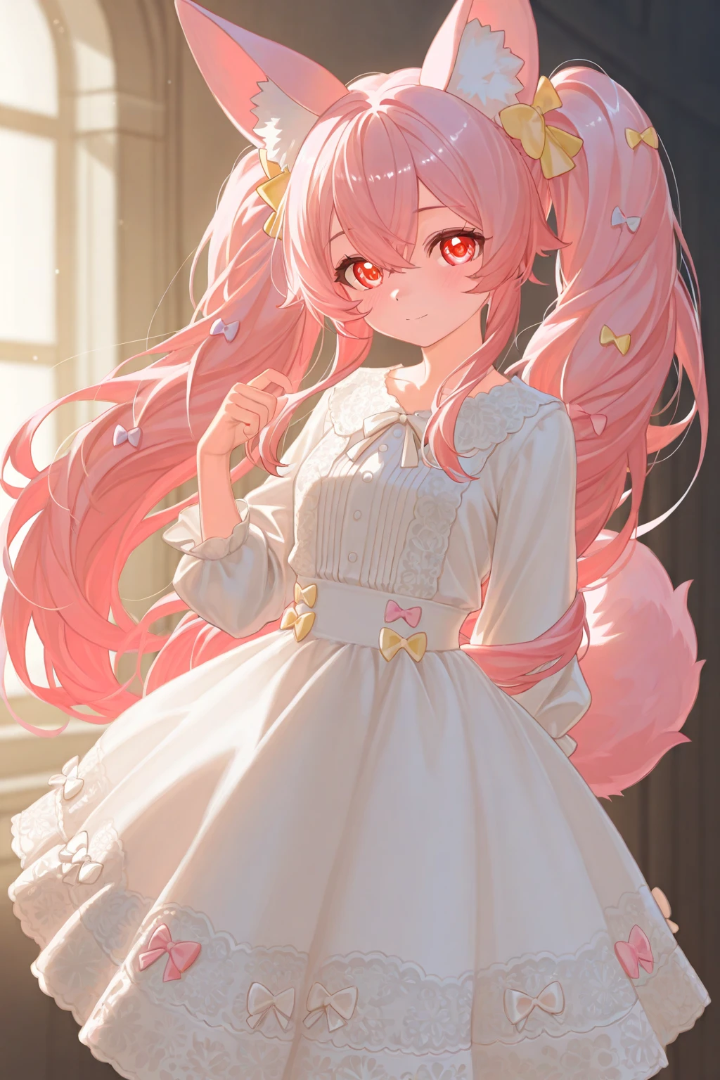((((Obra maestra, La mejor calidad, ultrahigh resolution)))), 1girl, standing,), ((long pure pink hair, hair over eye)), long hair cut, shiny skin, ((pink eyes)), glowing_eyes, neon eyes, (ultra detailed eyes:0.7, beautiful and detailed face, detailed eyes:0.9), ((centered)), smirk, facing viewer, ((vibrant background, dark lighting, summer, sunlight)), large chested, looking at viewer, ((half closed eyes)), ((perfect hands)), (((head:1, arms,  in view, elbows, in view))), ((hands behind back)), empty eyes, beautiful lighting, ((outside, outdoors)), defined subject, head tilt, (((gritty)), ((creepy)), ((cool)), ((beautiful)), (((SFW))), hair ornament, petals in the air, moon in the sky, city, mature woman, adult woman, sfw, pink and white dress, night dress,  ears, she is a princess