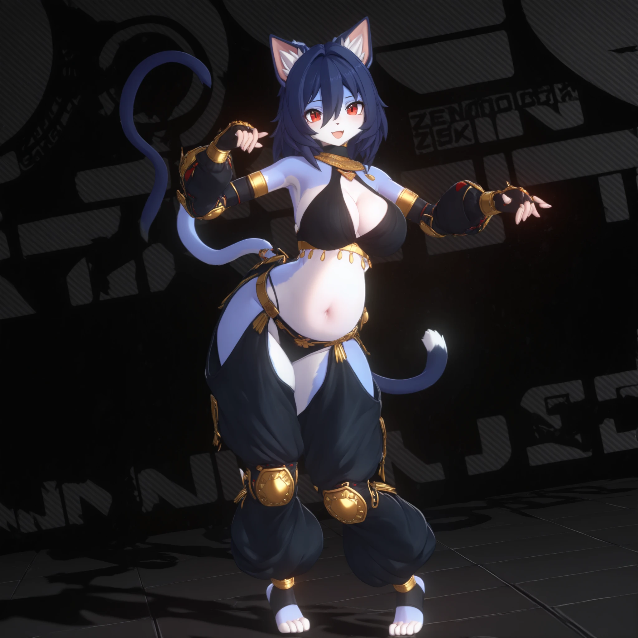 (1girl, solo, cat girl, furry, kemono, Fluffy fur, coloured fur, dark blue fur, two tone fur, dark blue hair, medium hair, hair between eyes, red eyes, big breasts, cleavage, navel, cute sagging belly, wide hips, harem fighter outfit, beautiful top, elbow pads, baggy chaps, knee pads, toeless socks, barefoot, gauntlets, fingerless gloves, standing, dancing, happy, open mouth, stylish, graceful, charming, sexy, cute, full body, beautiful environment, gothicstyle, bishoujo, moe, zzzsty, 3d, gothic aesthetic, simple background, masterpiece, best quality)