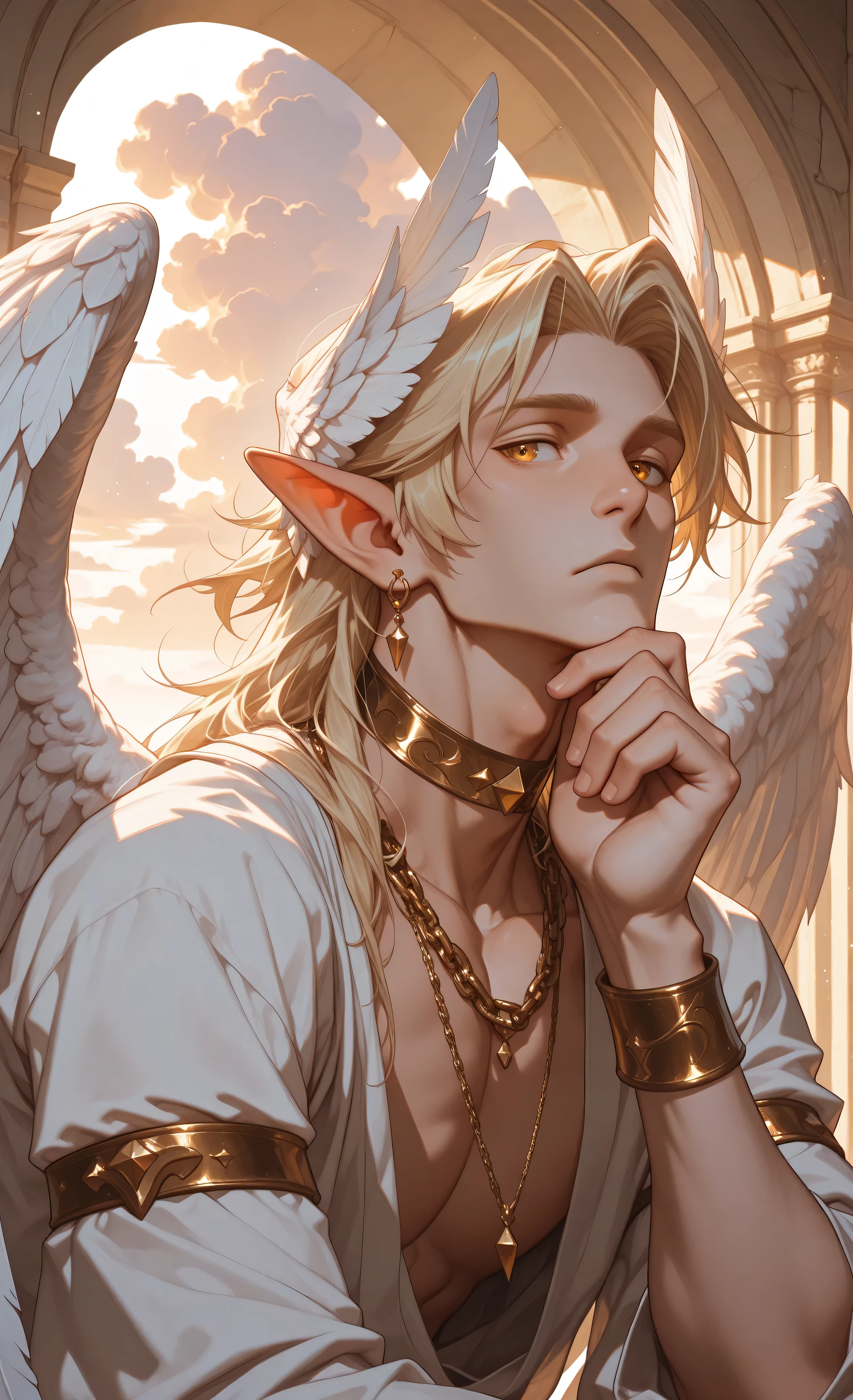 (moody lighting, dramatic shadows, bloom lighting, colored shadows, Ink Style, best quality, soft lines, clear details, masterpiece:1.3, 8k:1.3, Highest quality:1.3, detail:1.3, high resolution:1.3, digital painting, super detail, 1male),
(fantasy art, cinematic, ethereal atmosphere),
**male angel, MASCULINE,** pale skin, short tousled blonde hair, (golden eyes:1.3),
**(pointed cat-like ears:1.3), broad shoulders, muscular torso,**
**(strong jawline:1.4), defined cheekbones, prominent adam's apple,**
wearing elaborate golden jewelry: choker, arm cuffs, delicate chain necklace, earrings, head adornments,
draped in flowing off-white fabrics, large (angel wings with white feathers:1.4) on his back,
(resting chin on hand:1.2), serene expression, gazing off to the side,
celestial setting, billowing clouds, bright warm light from above, heavenly,
soft focus, dreamlike quality, color palette of golds and creams,