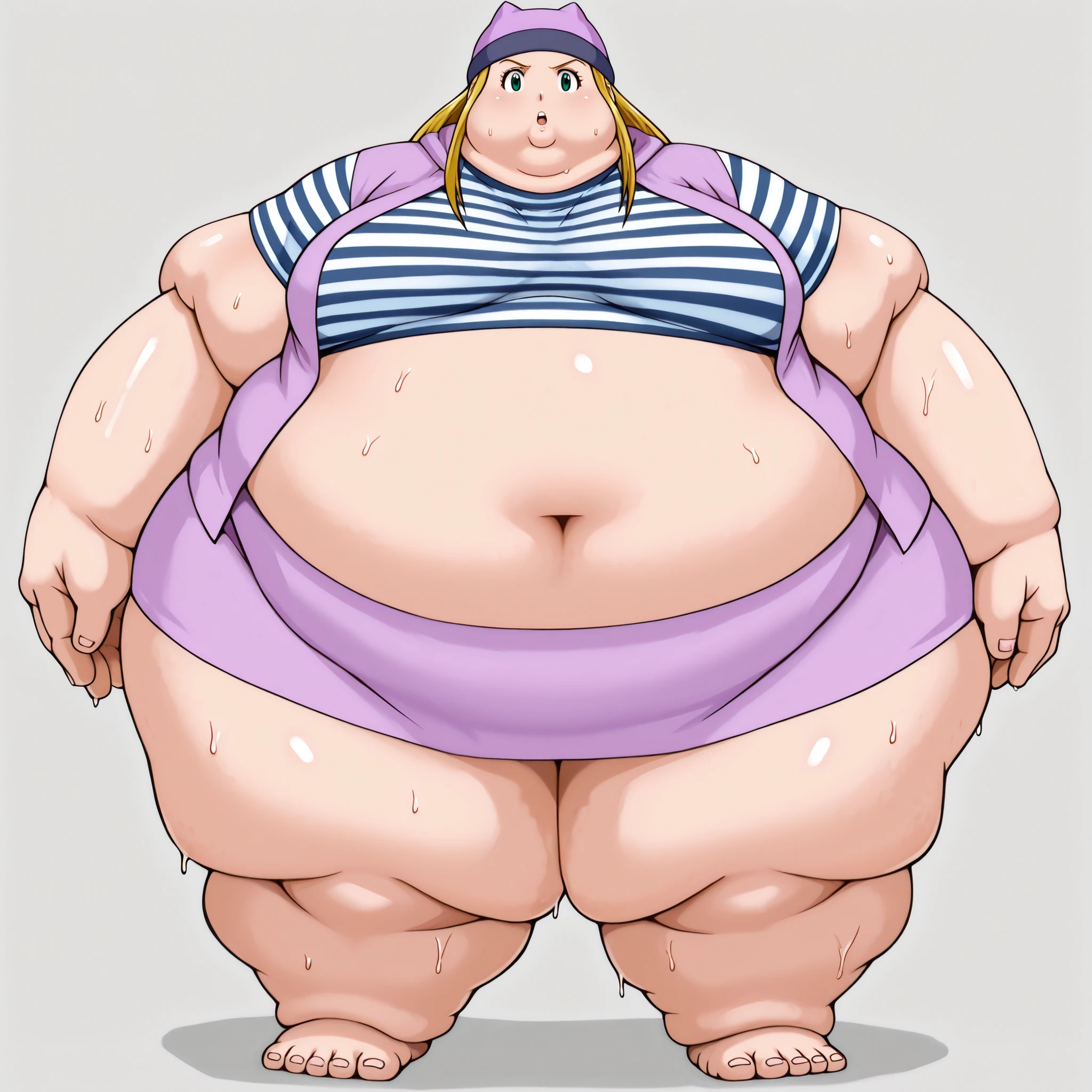 digimon frontier, izumi orimoto, 1girl, blonde hair, solo, striped shirt, green eyes, skirt, long hair, striped, navel, hat, shirt, midriff, looking at viewer, jacket, long jacket, crop top, miniskirt, purple shirt, short sleeves, blank_stare, empty_stare,  fat, chubby, obese, gigantic arms and legs, large breasts, sweating, wet body, swollen face, Fat_neck , Fat head , eyes with crushed cheeks , nose with crushed cheeks , mouth with crushed cheeks , chin roll,
only head, large head, oversized limbs, large hands, large feet, oversized feet, oversized fingers, big lips, plump lips, fat face, fupa, big fupa, fat fupa, 