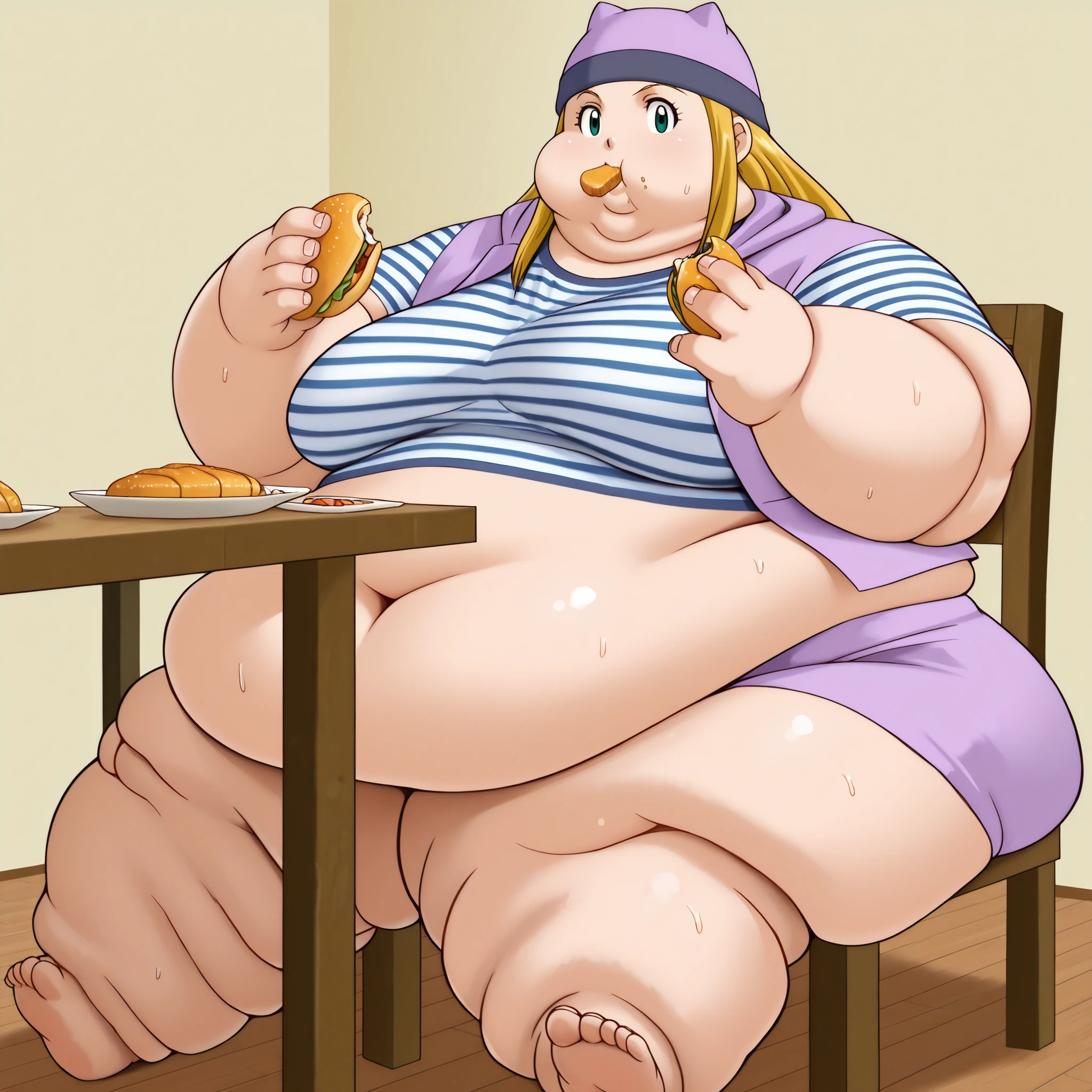 digimon frontier, izumi orimoto, 1girl, blonde hair, solo, striped shirt, green eyes, skirt, long hair, striped, navel, hat, shirt, midriff, looking at viewer, jacket, long jacket, crop top, miniskirt, purple shirt, short sleeves, blank_stare, empty_stare,  fat, chubby, obese, gigantic arms and legs, large breasts, sweating, wet body, swollen face, Fat_neck , Fat head , eyes with crushed cheeks , nose with crushed cheeks , mouth with crushed cheeks , chin roll,
only head, large head, oversized limbs, large hands, large feet, oversized feet, oversized fingers, big lips, plump lips, fat face, fupa, big fupa, fat fupa, sitting , in front of tones of food, table, chair, eating food, food in mouth, food in hands, rush of food