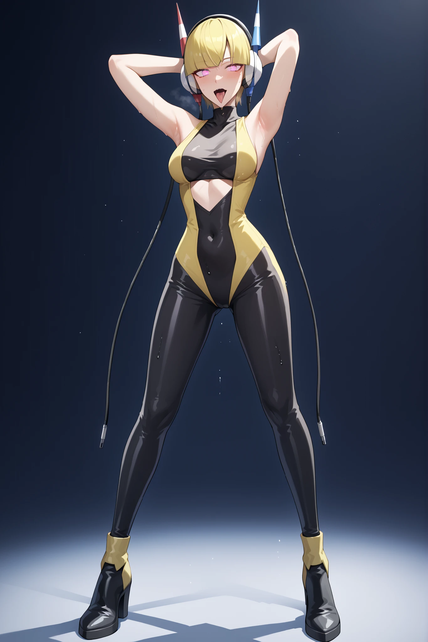 Elesa. Yellow hair. Black line bangs. Straight bangs. Short hair. Slanted eyes. Glowing pink eyes. Ahegao face. Mechanical headphones. Sweat. Glossy. Latex bodysuit. Transparent bodysuit. Black decoration. Black gauntlets. Black oversized boots. Perky breasts. Slender body. Detailed thighs. Wet body. Restraints. Raised arms. Bent at the waist. Legs apart. Men standing in a row. Black silhouettes of men. Mechanical background. Mechanical room. Glowing pink tubes. Electric sparks.