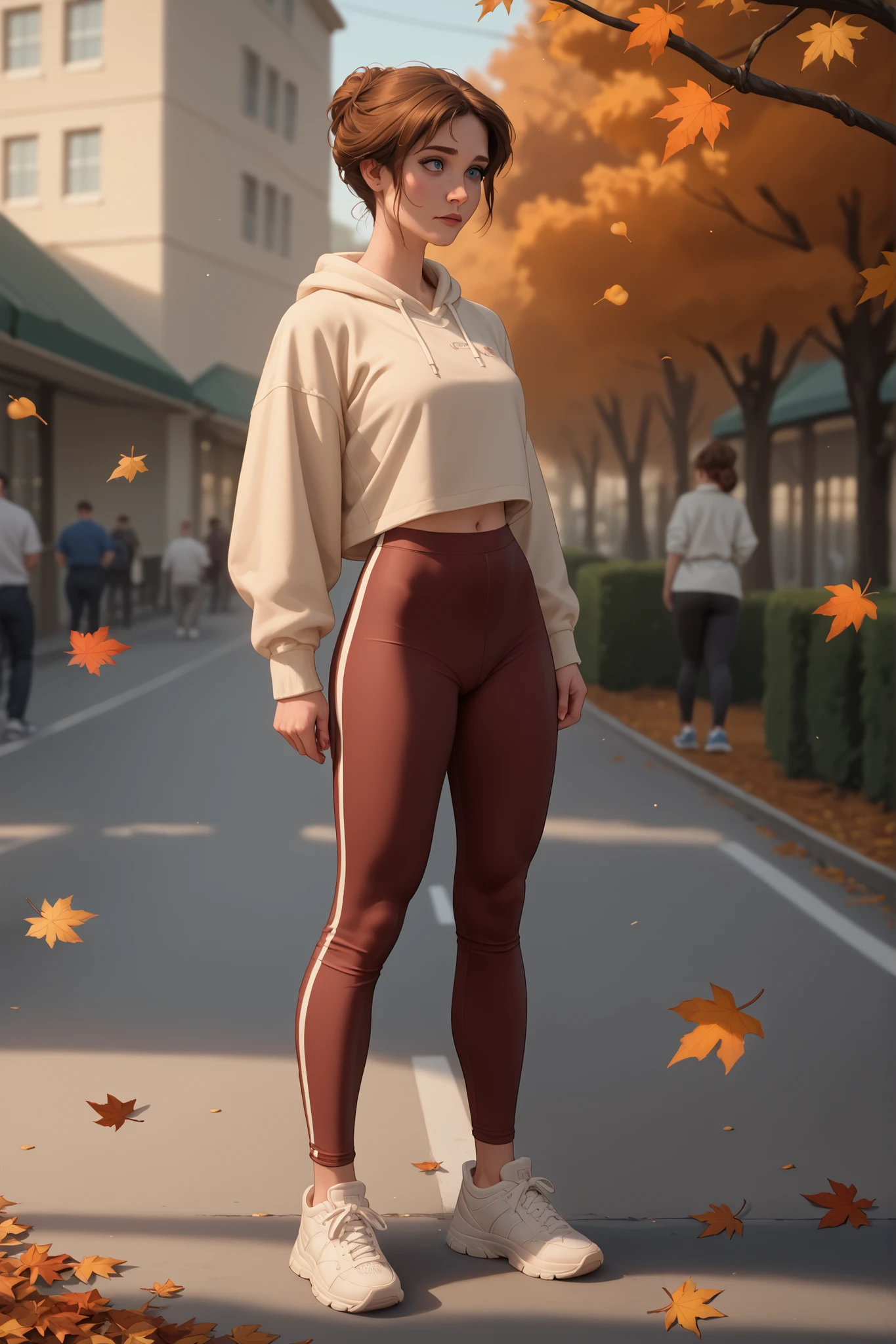 jane porter, A woman wearing a wine-colored sports outfit, composed of tight leggings and light sweatshirt, is tying up the tightness of her white sneakers in front of a modern cafeteria. The environment has fallen leaves, autumn decoration and golden afternoon light. hyperrealistic scene, soft lighting, natural focus and blurred urban background
