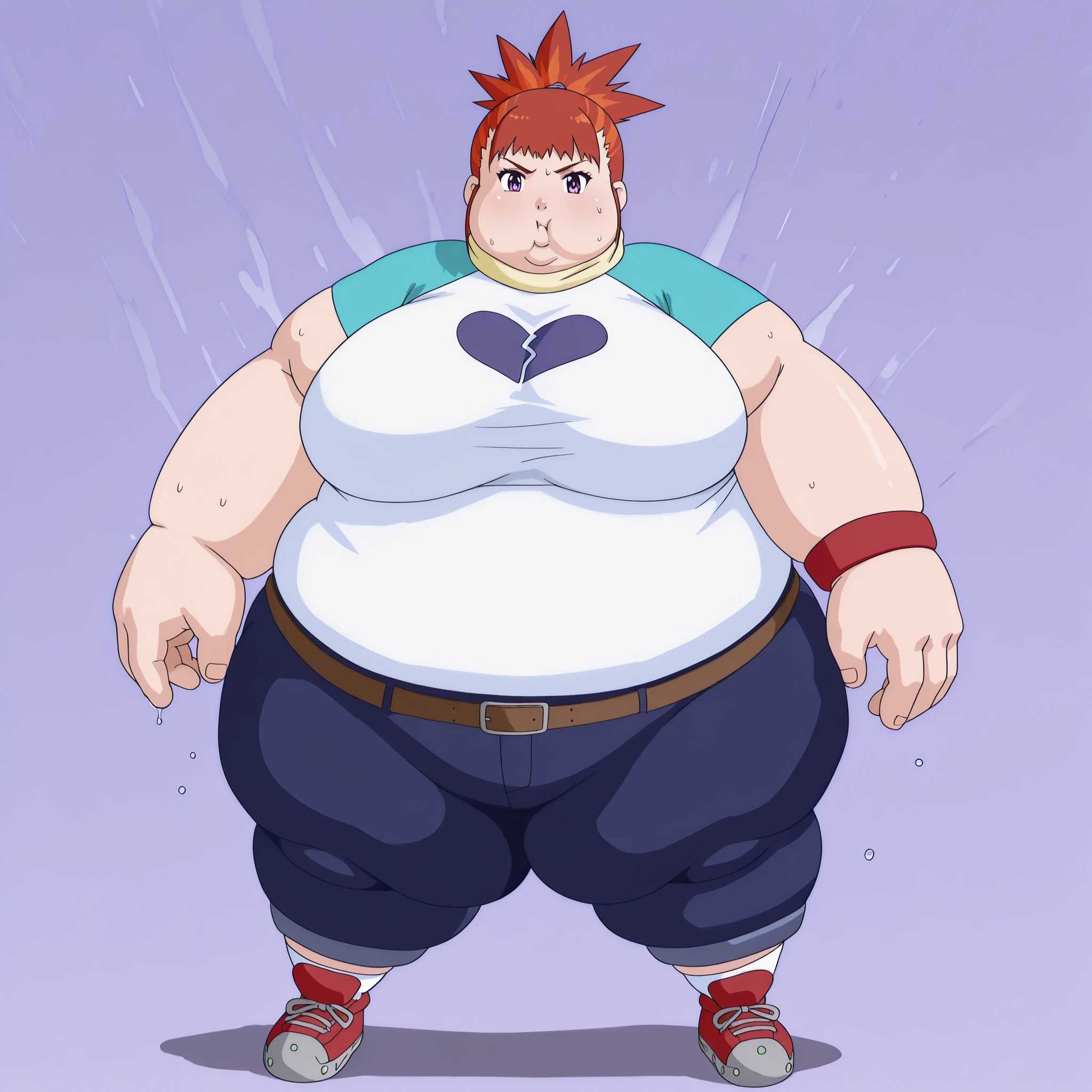 RikaNonaka, 1girl, solo, ponytail, red hair, orange hair, two-tone hair, purple eyes, turtleneck, t-shirt, raglan sleeves, red wristband, belt, blue pants, white socks, red footwear, blank_stare, empty_stare, fat, chubby, obese, gigantic arms and legs, large breasts, sweating, wet body, swollen face, Fat_neck , Fat head , eyes with crushed cheeks , nose with crushed cheeks , mouth with crushed cheeks , chin roll,
only head, large head, oversized limbs, large hands, large feet, oversized feet, oversized fingers, big lips, plump lips, fat face, fupa, big fupa, fat fupa,