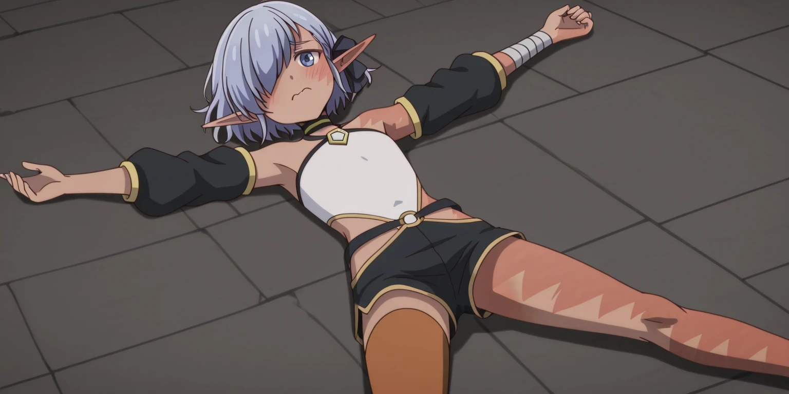 cariaerful,,dark elf, dark-skinned female, short hair,  blue hair, hair over one eye, blue eyes, pointy ears, bandaged arm, black choker, burn on face, burn on side, burnt arm, burnt leg, flat chest, white top, halterneck, bare shoulders,  detached sleeves, black shorts, short shorts, single thighhigh, anime screencap, high quality, solo, lying, on back, on lawn, arms up, legs apart, overhead view, medium shot, closed mouth, looking at viewer, wavy mouth, blush, best quality