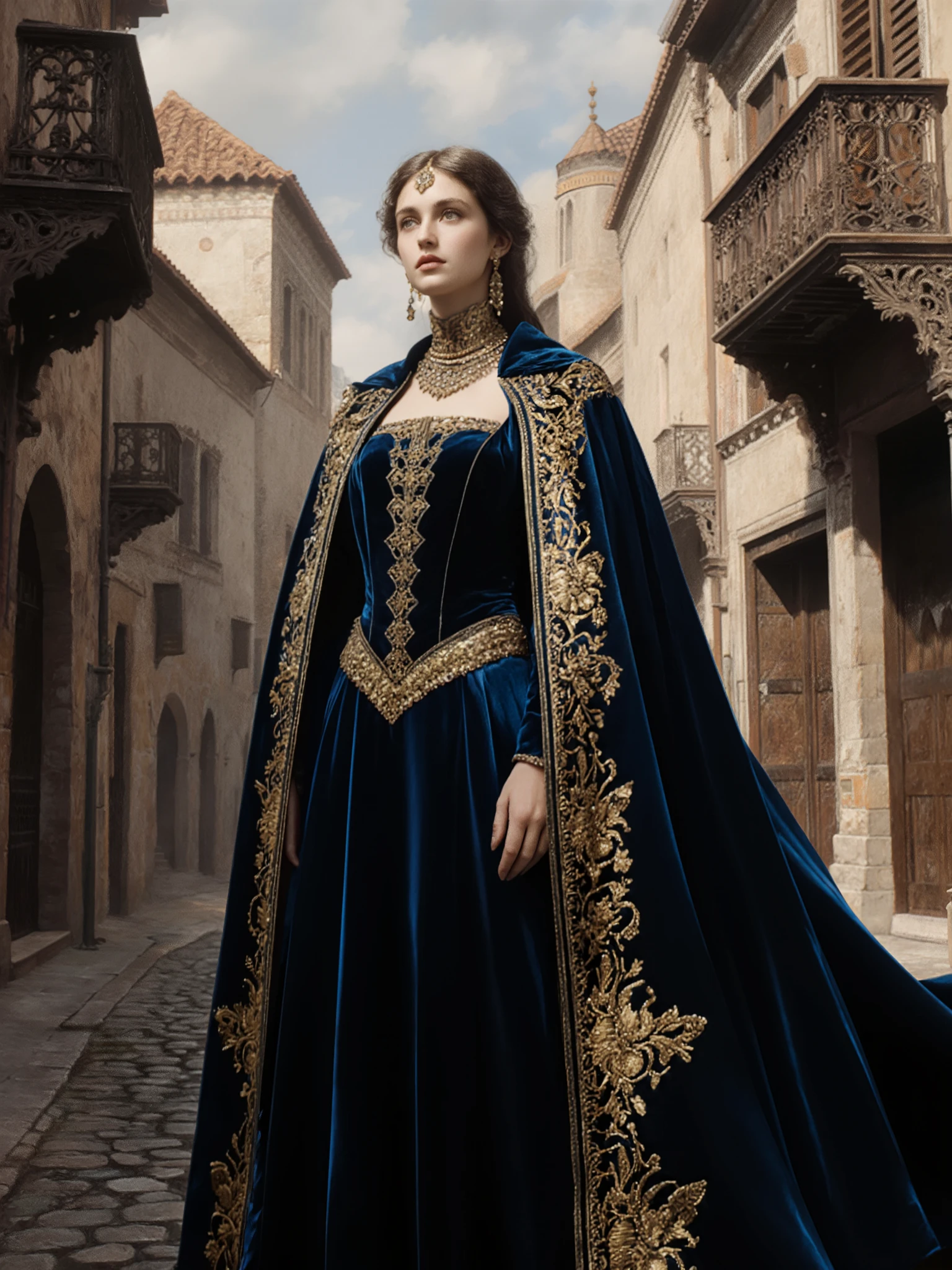 Medieval Byzantine noble lady, dressed in a deep blue suit. The cloak is decorated with fine gold embroidery. Medieval Byzantine street background.