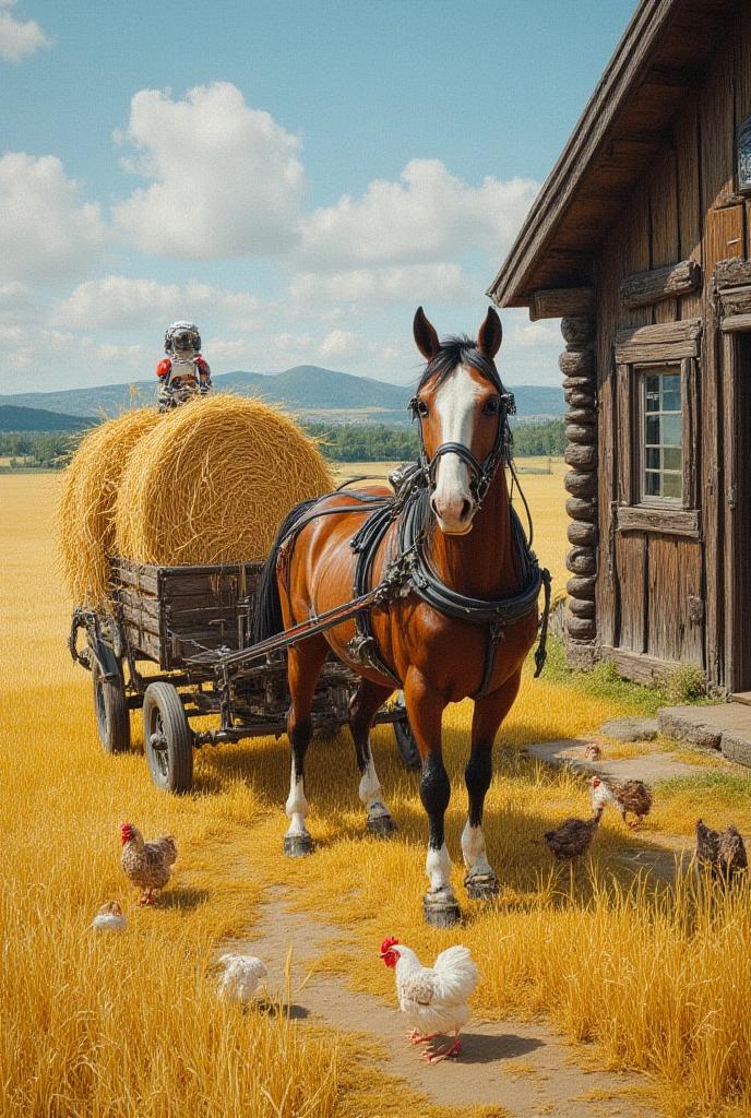 Russian style, children girl, portrait, long red hair of braids with hat, farmer style, with rolls of hay and wheat and horse, barns, apples.