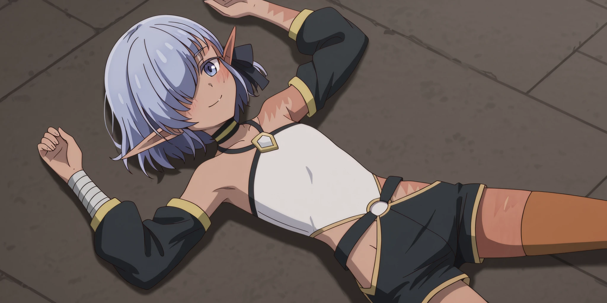 cariaerful,,dark elf, dark-skinned female, short hair,  blue hair, hair over one eye, blue eyes, pointy ears, bandaged arm, black choker, burn on face, burn on side, burnt arm, burnt leg, flat chest, white top, halterneck, bare shoulders,  detached sleeves, black shorts, short shorts, single thighhigh, anime screencap, high quality, solo, lying, on back, on lawn, arms up, legs apart, overhead view, medium shot, closed mouth, looking at viewer, warm smile, blush, best quality