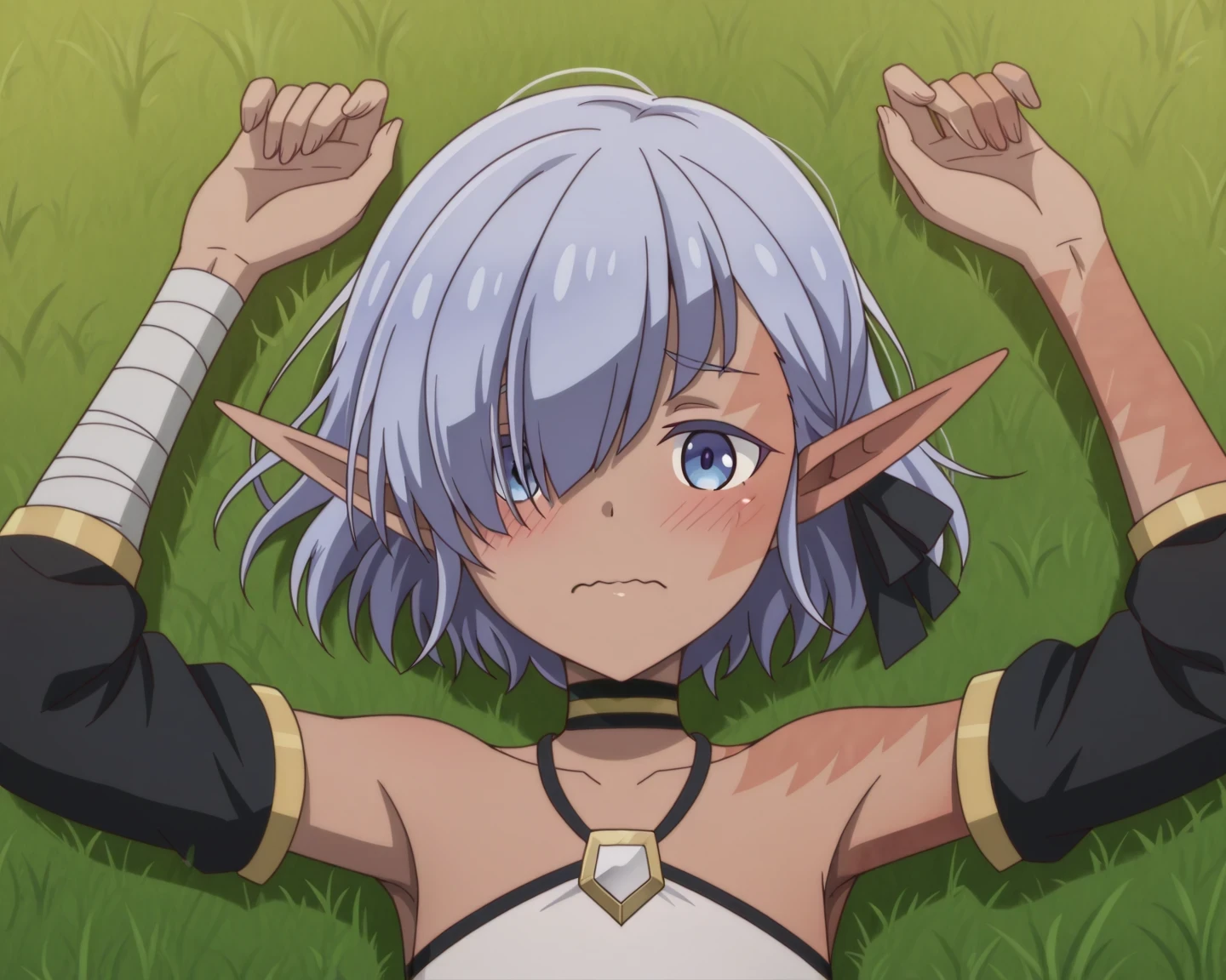 cariaerful,,dark elf, dark-skinned female, short hair,  blue hair, hair over one eye, blue eyes, pointy ears, bandaged arm, black choker, burn on face, burn on side, burnt arm, burnt leg, flat chest, white top, halterneck, bare shoulders, center in frame, detached sleeves, black shorts, short shorts, single thighhigh, anime screencap, high quality, solo, lying, on back, on grass, arms up, legs apart, overhead view, medium shot, closed mouth, looking at viewer, wavy mouth, blush, best quality