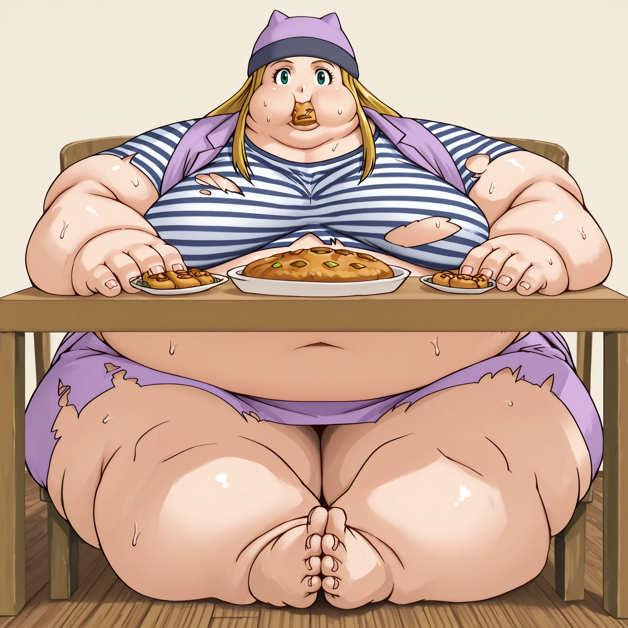 digimon frontier, izumi orimoto, 1girl, blonde hair, solo, striped shirt, green eyes, skirt, long hair, striped, navel, hat, shirt, midriff, looking at viewer, jacket, long jacket, crop top, miniskirt, purple shirt, short sleeves, ripped clothes, ripping clothes, torn clothes, blank_stare, empty_stare,  fat, chubby, obese, gigantic arms and legs, large breasts, sweating, wet body, swollen face, Fat_neck , Fat head , eyes with crushed cheeks , nose with crushed cheeks , mouth with crushed cheeks , chin roll,
only head, large head, oversized limbs, large hands, large feet, oversized feet, oversized fingers, big lips, plump lips, fat face, fupa, big fupa, fat fupa, sitting , in front of tones of food, table, chair, eating food, food in mouth, food in hands, rush of food