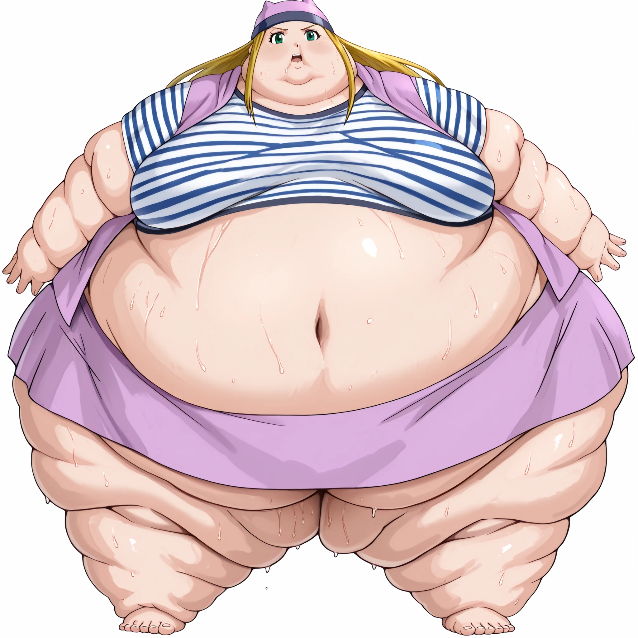 digimon frontier, izumi orimoto, 1girl, blonde hair, solo, striped shirt, green eyes, skirt, long hair, striped, navel, hat, shirt, midriff, looking at viewer, jacket, long jacket, crop top, miniskirt, purple shirt, short sleeves, blank_stare, empty_stare,  fat, chubby, obese, gigantic arms and legs, large breasts, sweating, wet body, swollen face, Fat_neck , Fat head , eyes with crushed cheeks , nose with crushed cheeks , mouth with crushed cheeks , chin roll,
only head, large head, oversized limbs, large hands, large feet, oversized feet, oversized fingers, big lips, plump lips, fat face, fupa, big fupa, fat fupa, back view 