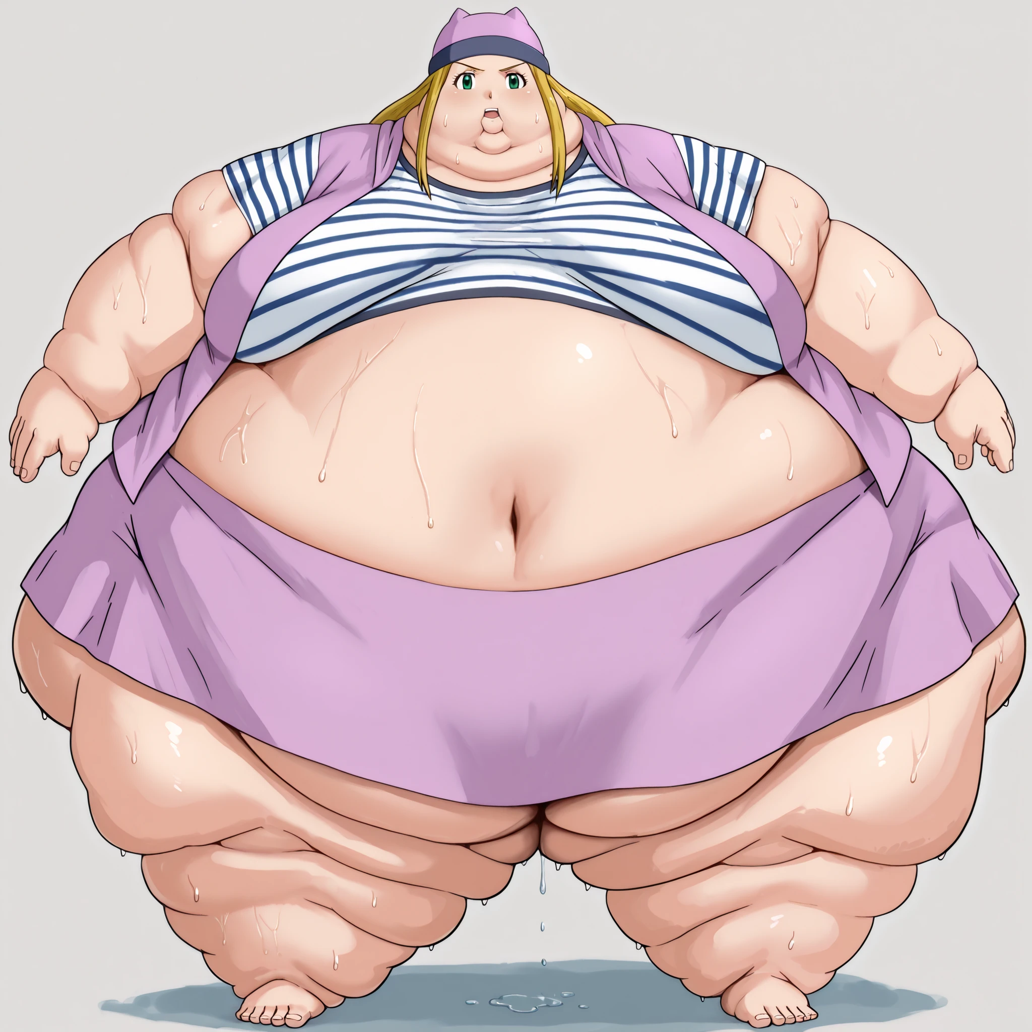 digimon frontier, izumi orimoto, 1girl, blonde hair, solo, striped shirt, green eyes, skirt, long hair, striped, navel, hat, shirt, midriff, looking at viewer, jacket, long jacket, crop top, miniskirt, purple shirt, short sleeves, blank_stare, empty_stare,  fat, chubby, obese, gigantic arms and legs, large breasts, sweating, wet body, swollen face, Fat_neck , Fat head , eyes with crushed cheeks , nose with crushed cheeks , mouth with crushed cheeks , chin roll,
only head, large head, oversized limbs, large hands, large feet, oversized feet, oversized fingers, big lips, plump lips, fat face, fupa, big fupa, fat fupa, back view 