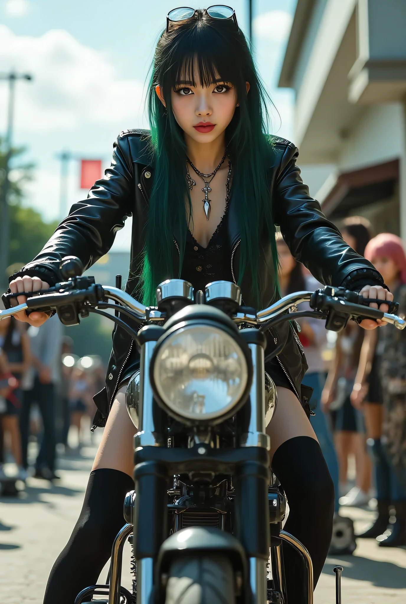 Girl wearing school uniform, riding a motorcycle, wearing gangster jacket傑作,Highest Quality,Amazing Quality,super detailed skin,perfect anatomical structure,dark haired,long hair,black gloves,Black thighs,black gothic style,outdoor stage,guitar,(dynamic angle/intense angle:1.3),(high school girl)),Band Practice、has green hair、Girls with different styles、Everyone wants to sing, so they fight over the microphone、They practice at a music studio、Drums and three guitars left behind、Realistic and photorealistic。((They check their outfits by looking at themselves in the mirror))。maids))、High image quality NUTRA FINECG Unity 8k壁紙、Highest Quality、High image quality NUTRA FINE、masterpiece、real、photo、HIGH QUALITY NUTRA FINEキュートガール、18 years old、((ヨーロッパの古城のmaidsカフェ))、(girl standing in front of a table)、(maids服の女の子)、((Back view))、((Looking Back))、ベールで背中を隠すbeautifulポーズ、dynamic pose、(笑Yang)、((ponytail)、(full body angle)、low angle、cheek、red lips、(low angle)bright body shot、sexyなポーズ、(One-shoulder black glossy no-tube top:1。2)、(black shiny miniskirt:1。5)、(Breasts intertwined beneath the chest can be seen)(Butt and abs:1.skirt hanging down at the waist)、(high heels:1。5)、(beautifulYang:1.3)、(Perfect Proportions:1.2)、(long legs:1.2)、(beautiful:1.3)、(Floral panties visible under the skirt)、(wet hair、wet skin)、sexy、Emoji、(Holding floating skirts with both hands)、Yang、(Skirt Left)、(金色のlong hair)、
