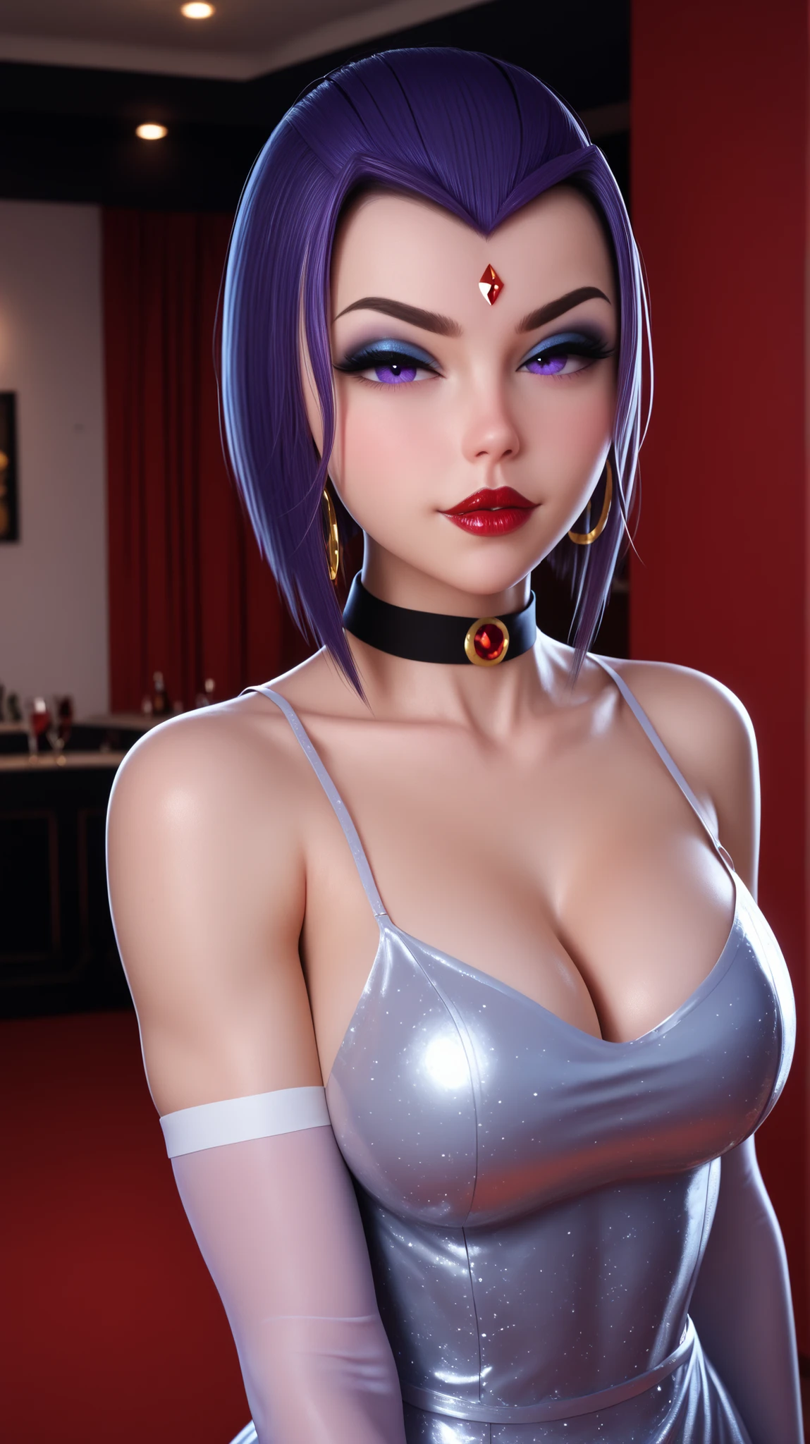 
a photo Hyper-Realistic Ultra HD, The image showcases an incredibly realistic 4K photorealistic resolution, highlighting her captivating presence and a mesmerizing physique. leaving you entranced by the seamless fusion of artistry and supreme realism. looking straight into the frame, looking at viewer,sharp focus; frame, sharp focus ;eerily realistic, visual realism (Every imperfection and detail of her skin is captured -+ details Ultra hd. a professional movie photograph of, best quality, high quality, facing forward,  Beautiful little red lips, 
Define each part of her body imperfections.
The image showcases an incredibly realistic 4K photorealistic resolution, highlighting, PonyXLV6_Scores BREAK (((parody, anime coloring)), perfect anatomy, perfect eyes, cowboy shot) BREAK rachel roth, colored skin, grey skin, purple hair, short hair, forehead jewel, purple eyes, makeup, lipstick, flirting, half-closed eyes, ((looking at viewer)), choker, jewelry, earrings, dress, elbow gloves, curvy, toned, athletic, sexually suggestive pose, standing at luxurious bar, indoors