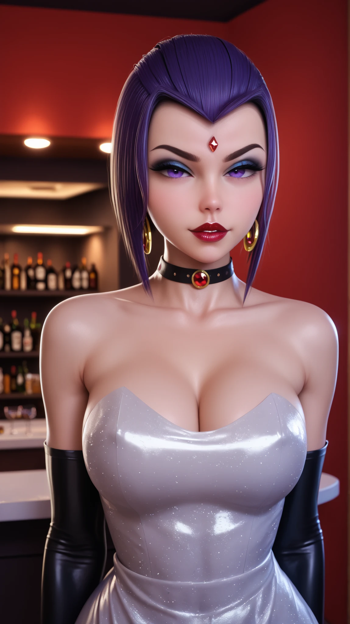 
a photo Hyper-Realistic Ultra HD, The image showcases an incredibly realistic 4K photorealistic resolution, highlighting her captivating presence and a mesmerizing physique. leaving you entranced by the seamless fusion of artistry and supreme realism. looking straight into the frame, looking at viewer,sharp focus; frame, sharp focus ;eerily realistic, visual realism (Every imperfection and detail of her skin is captured -+ details Ultra hd. a professional movie photograph of, best quality, high quality, facing forward,  Beautiful little red lips, 
Define each part of her body imperfections.
The image showcases an incredibly realistic 4K photorealistic resolution, highlighting, PonyXLV6_Scores BREAK (((parody, anime coloring)), perfect anatomy, perfect eyes, cowboy shot) BREAK rachel roth, colored skin, grey skin, purple hair, short hair, forehead jewel, purple eyes, makeup, lipstick, flirting, half-closed eyes, ((looking at viewer)), choker, jewelry, earrings, dress, elbow gloves, curvy, toned, athletic, sexually suggestive pose, standing at luxurious bar, indoors